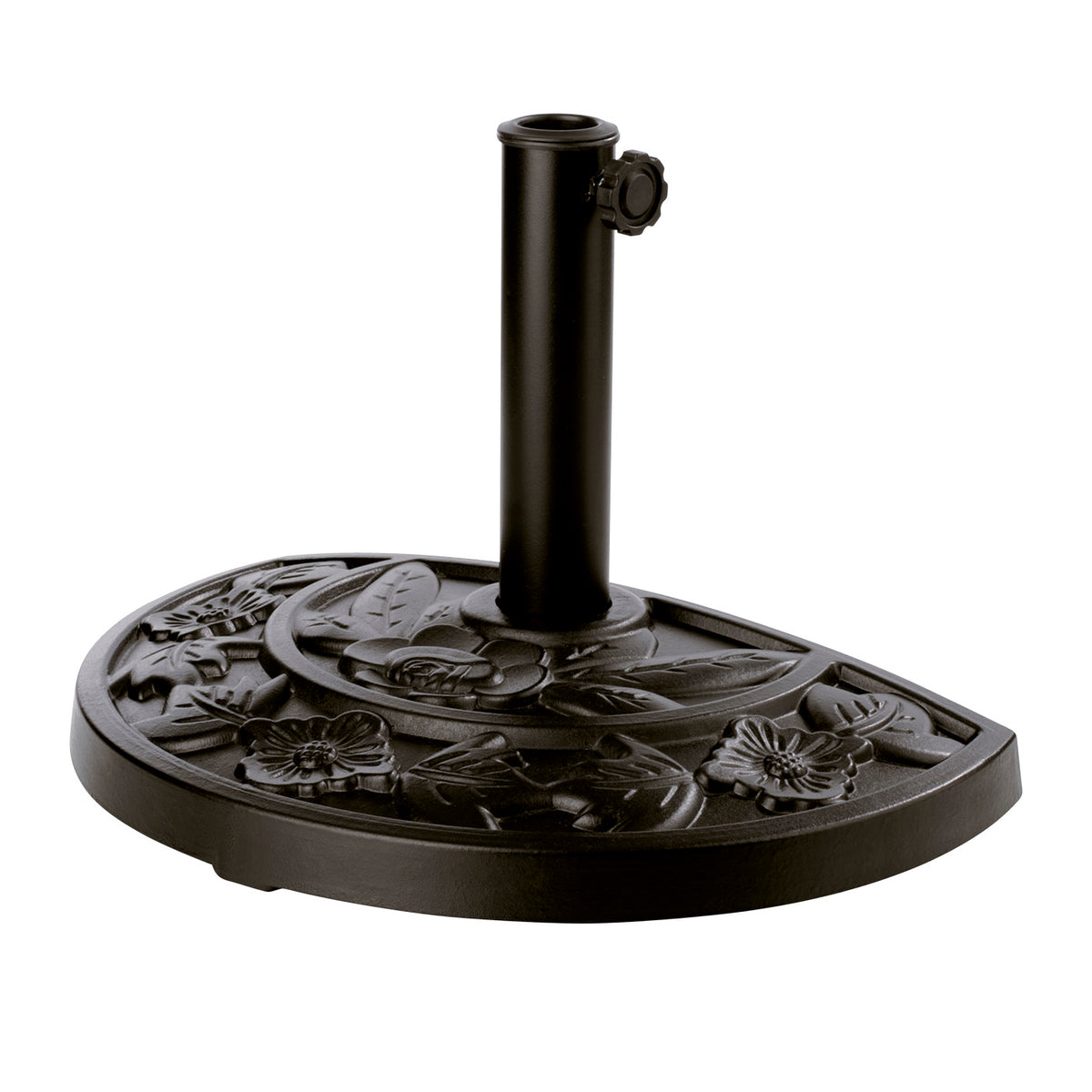 Sonnenschirmfuß Guß-Optik - Schwarz, halbrunder Sockel mit floralen Details, ideal für kleine Balkone und Terrassen, wandnah platzierbar.