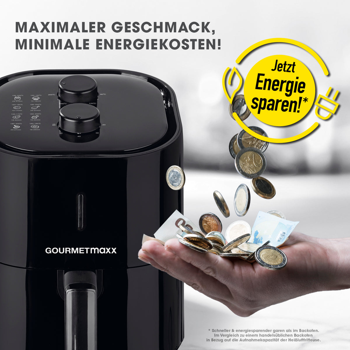 Heißluft-Fritteuse Mechanisch 3,6l - Schwarz von GOURMETmaxx mit Timer, energiesparend und fettarme Zubereitung.
