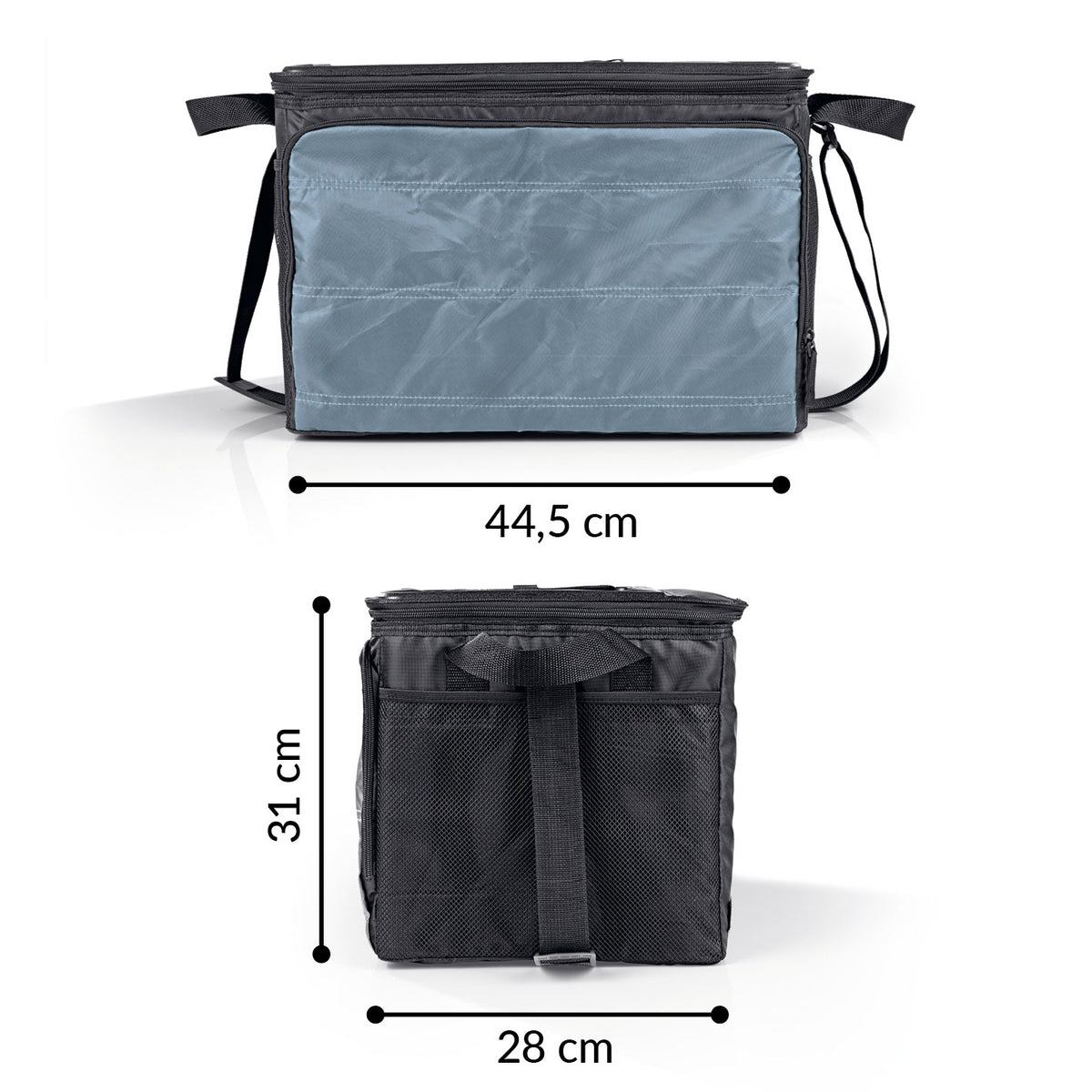 Kühltasche faltbar - 30 l - schwarz/dunkelgrau mit Isolierung, Schultergurt, Außentaschen und auslaufsicherem Material, Maße 44,5x31x28 cm.