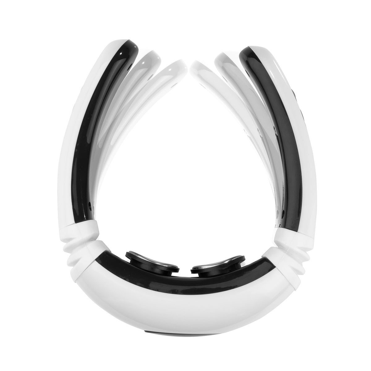Nacken-Massagegerät EMS in weiß/schwarz, ergonomisch, kabellos mit 16 Intensitätsstufen für flexible Nackenanpassung und Tiefen-Entspannung.