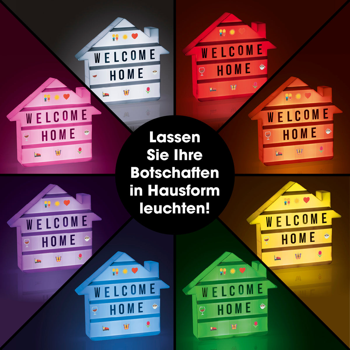 LED-Leuchtkasten Haus - 173 Buchstaben & 150 Moodjis in verschiedenen Farben mit wechselndem LED-Licht, kabellos oder per USB betrieben.