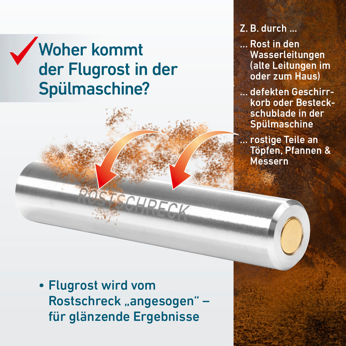 Rostschreck schützt vor Flugrost in der Spülmaschine für sauberes Besteck und glänzende Töpfe ohne Chemie bei ca. 600 Spülgängen.