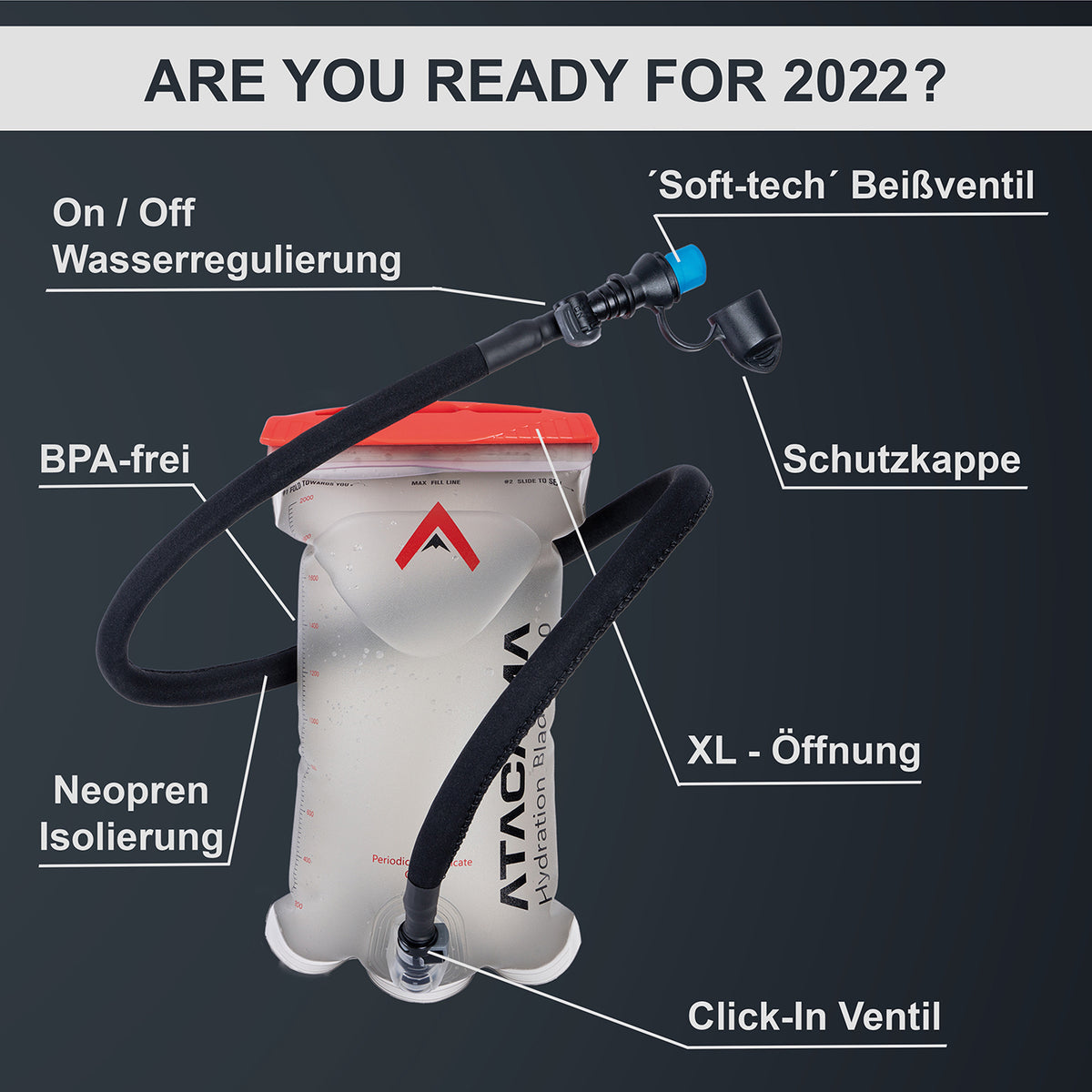 Trinkblase 2 Liter für Trinksystem mit Neoprenisolierung, XL Öffnung, On/Off Wasserregulierung, Click-In Ventil, BPA-frei und Schutzkappe