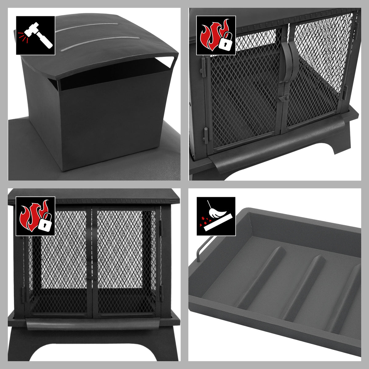 Feuerkorb FP-I-660 - 66 cm - schwarz mit Gitternetz, schwenkbaren Türen, abnehmbarer Feuerwanne und Schornstein für optimalen Rauchabzug.