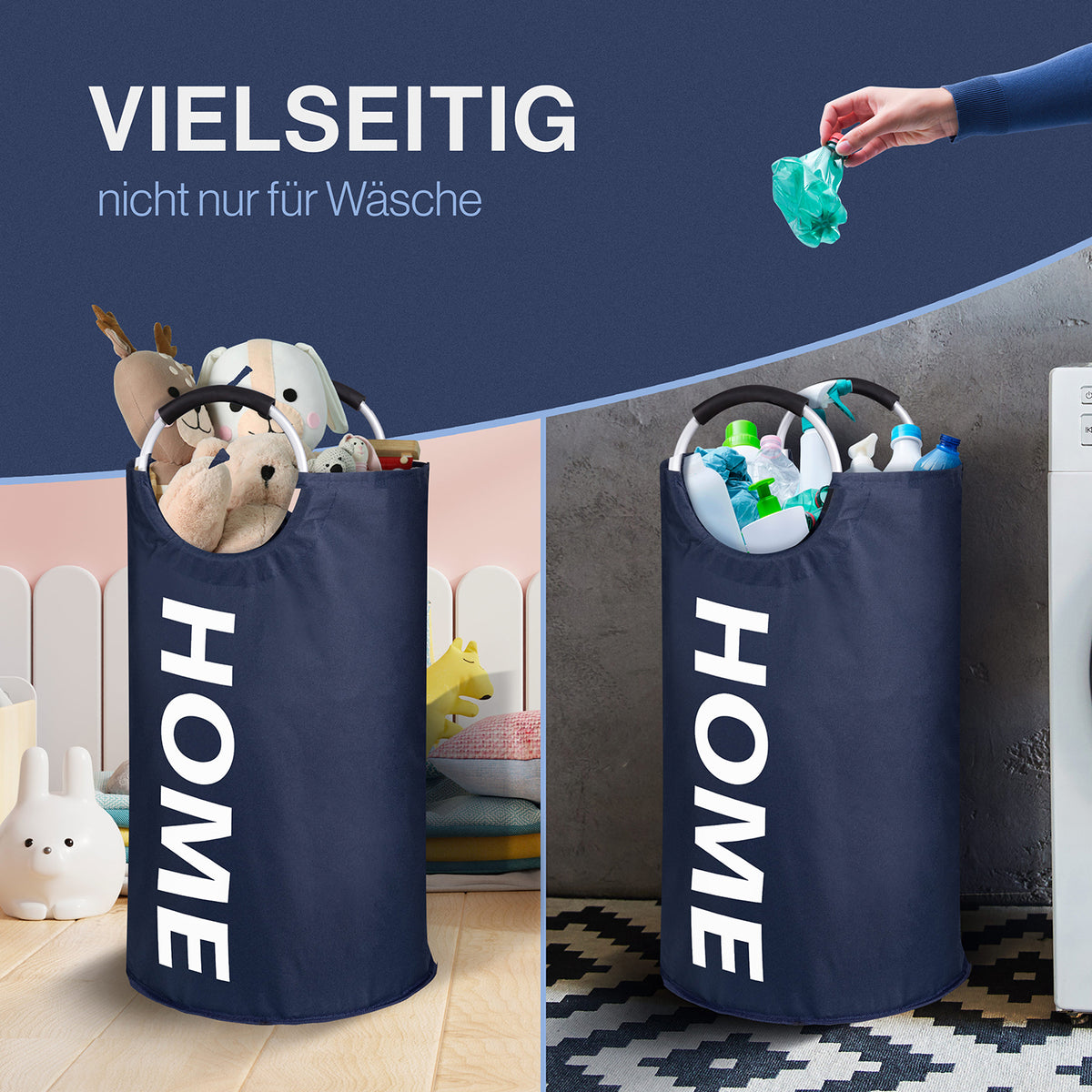 Faltbarer Wäschekorb - Dunkelblau, 82 Liter Volumen, wasserabweisend, platzsparend, vielseitig als Wäschekorb und Aufbewahrungskorb.