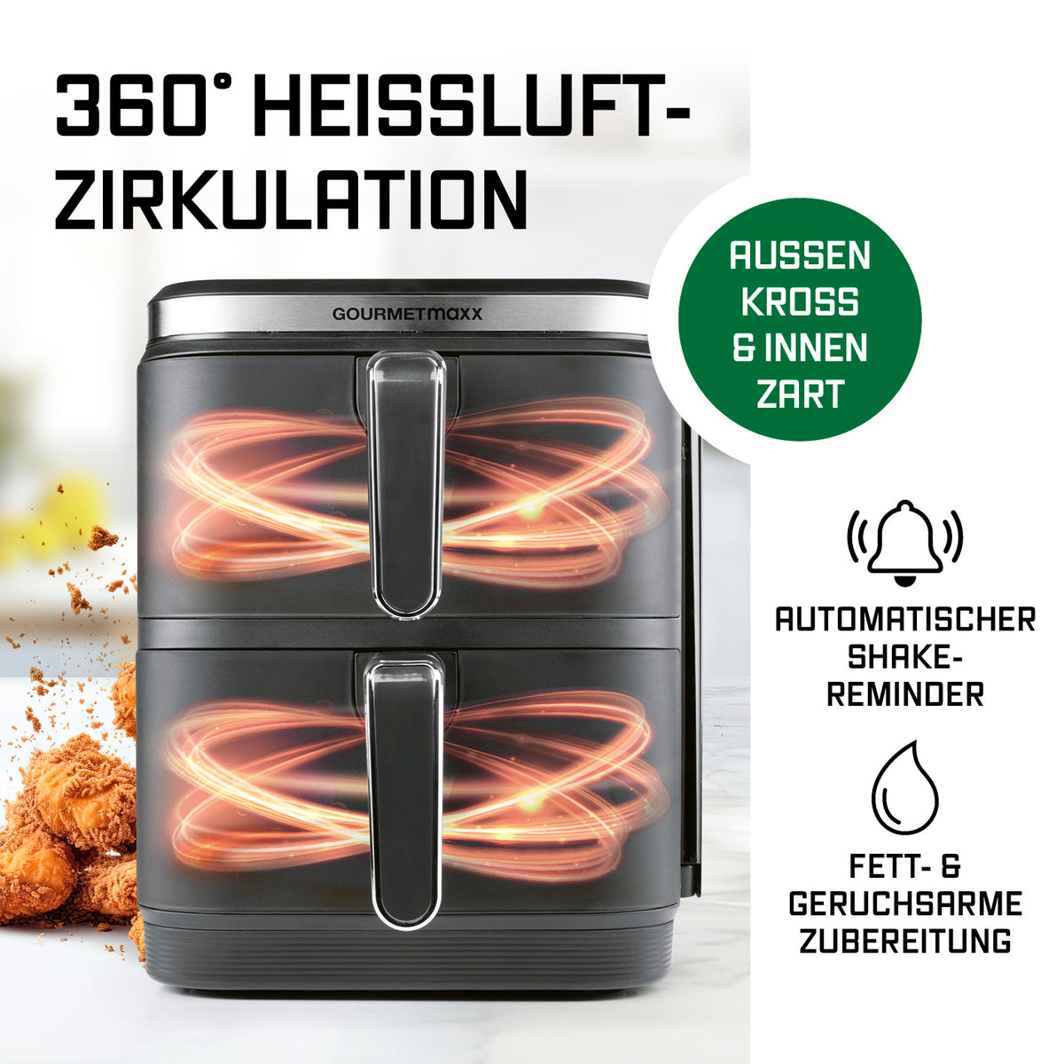 FryUp Vertikale Doppelkammer-Heißluftfritteuse - Grau mit 360° Heißluftzirkulation für knusprig-zarte Speisen innen und außen.