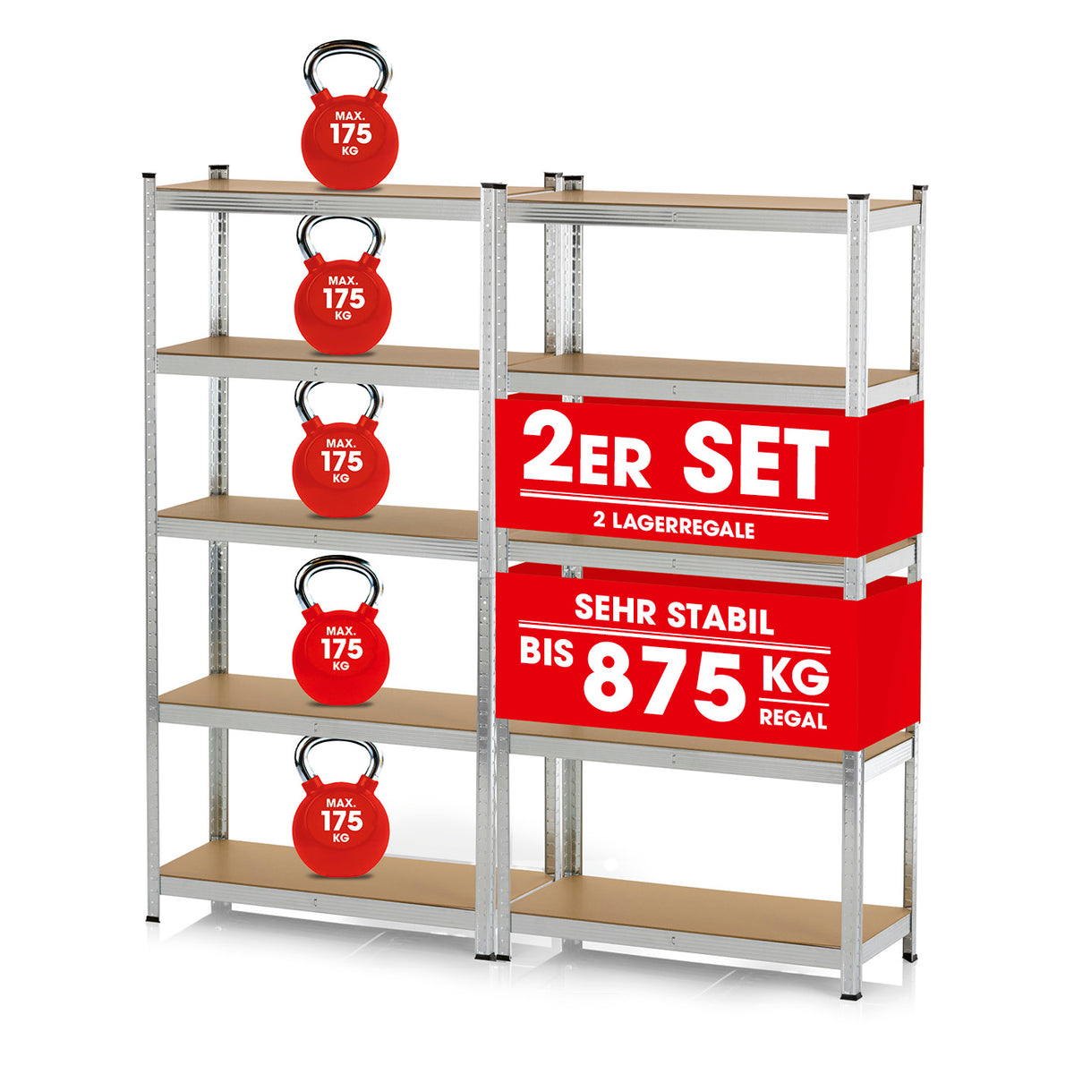 Schwerlastregal & Werkbank 2er-Set 180x90x40 cm, Metallkonstruktion, 175 kg Traglast pro Ebene, stabile Lagerregale, MDF-Platten.