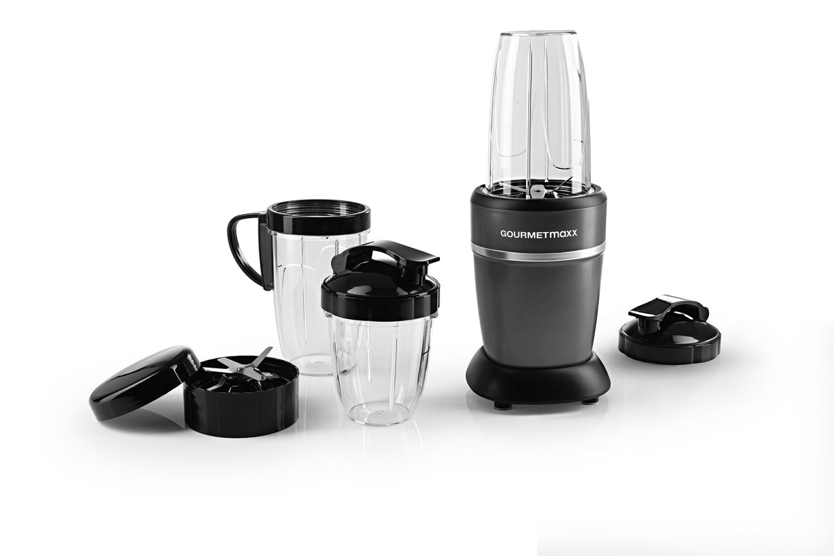 Zubehörset L für Nutrition Mixer Pro 1.000 - Schwarz mit Bechergriff, 6-fach-Klinge, To-go- und Frischhaltedeckeln, 2 Bechern.