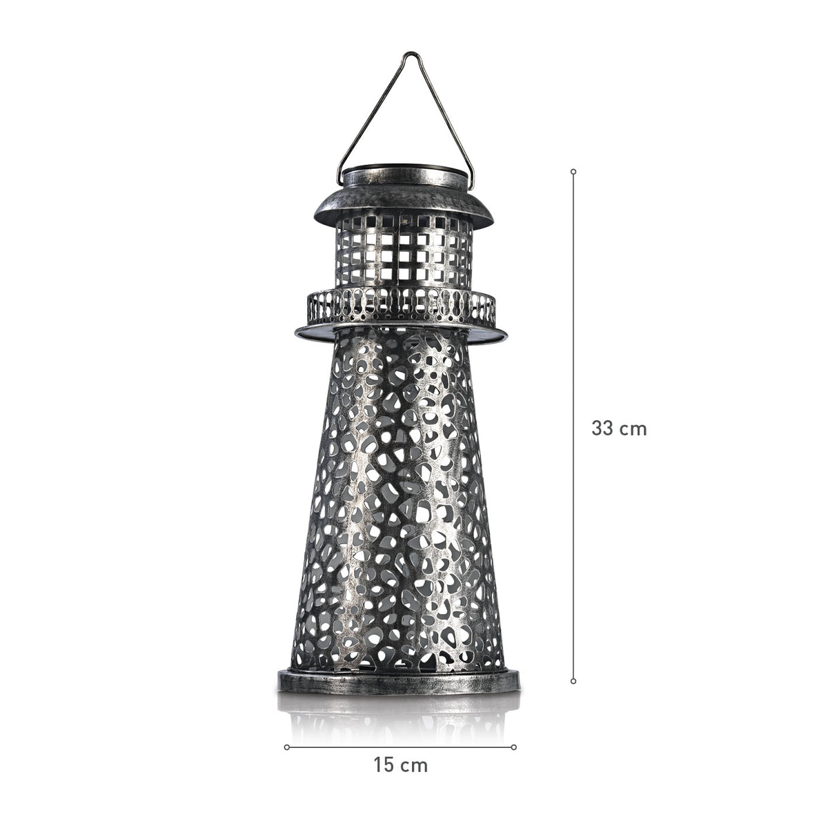 Solar-Leuchte Leuchtturm - silber, perforiertes Metall, LED-Solarlicht, kabellos, wetterfest für Garten, Terrasse, Balkon, 33x15 cm.