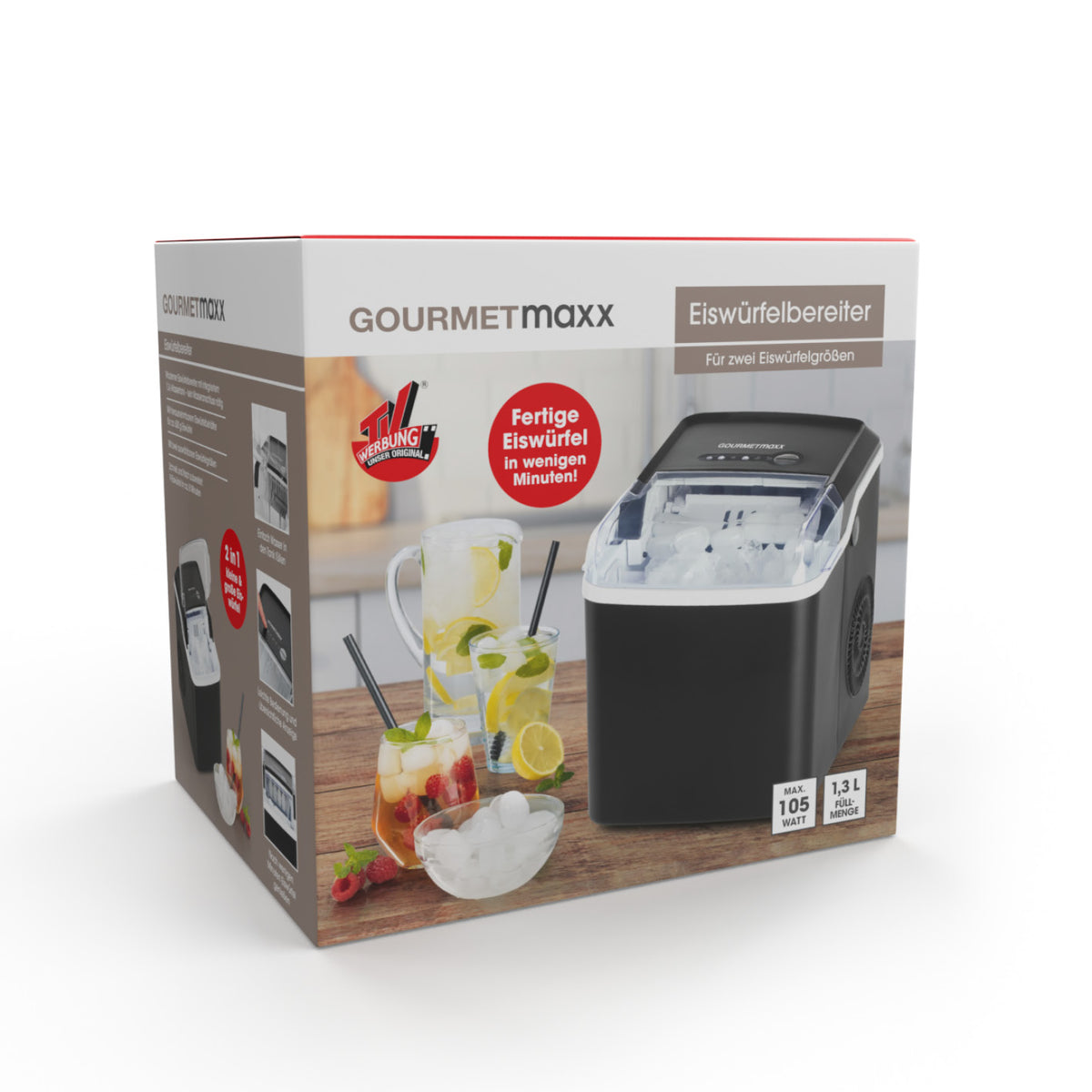 Eiswürfelbereiter mit 1,3-L-Wassertank, zwei Eiswürfelgrößen und 600 g Eiswürfelbehälter, schnell und modern.