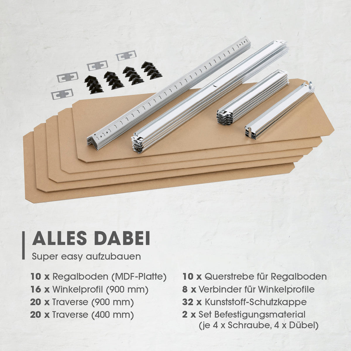 Schwerlastregal & Werkbank 2er-Set mit MDF-Platten und Metallprofilen zur einfachen Montage ohne Bohren.