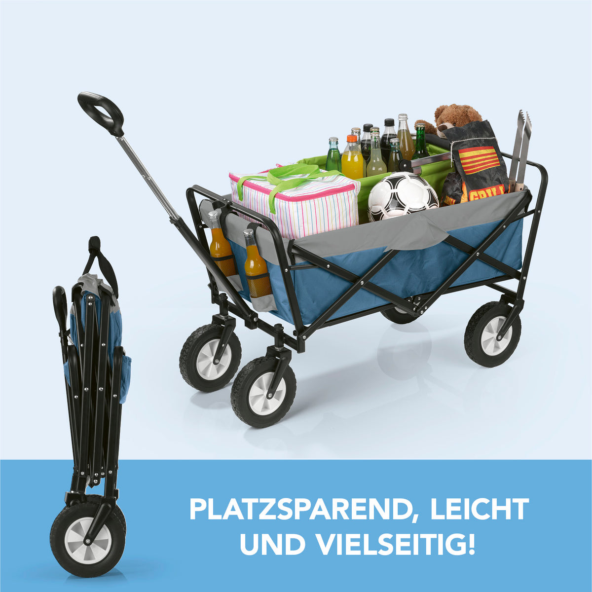Bollerwagen faltbar - blau/grau mit stabilem Stahlrahmen, witterungsbeständigem Bezug, 360° Rädern und ausziehbarem Teleskopgriff, belastbar bis 80 kg.