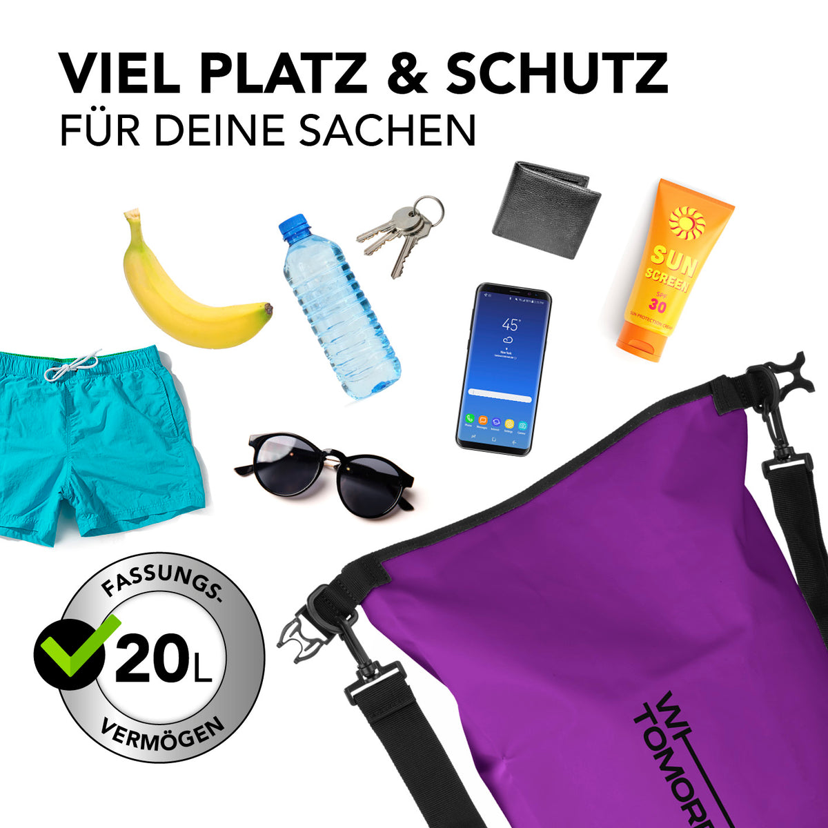 Dry Bag 20L - Style 02 - Lila: Wasserdichter, robuster Rucksack mit 20L Fassungsvermögen und UV-Schutz für Outdoor-Abenteuer.