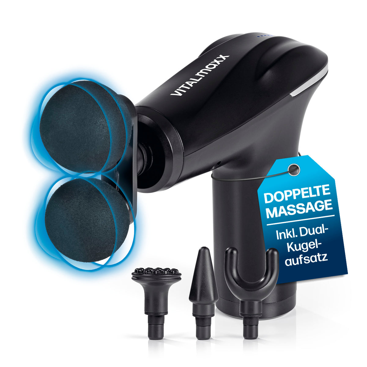 Mini Massage Gun mit 4 Aufsätzen von VITALmaxx, inkl. Dual-Kugelaufsatz für intensive, individuelle Tiefenmassage.