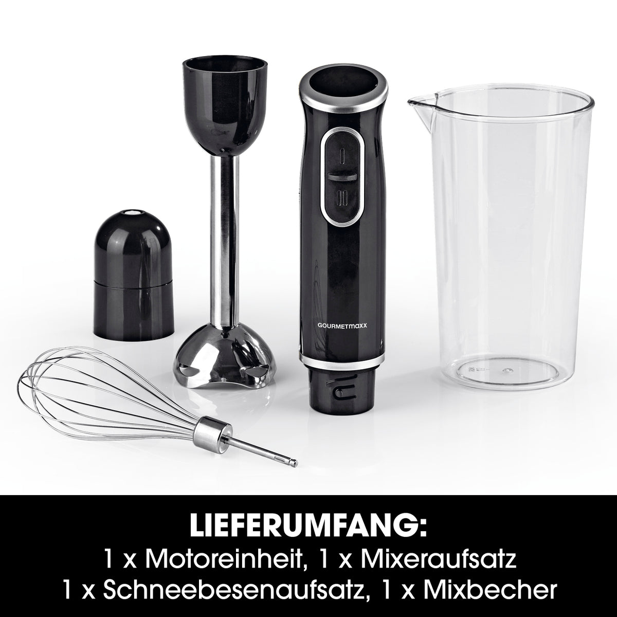 Stabmixer inkl. Rühraufsatz und Messbecher - schwarz/chrom mit Motor, Mixeraufsatz, Schneebesen und 600-ml Mixbecher.