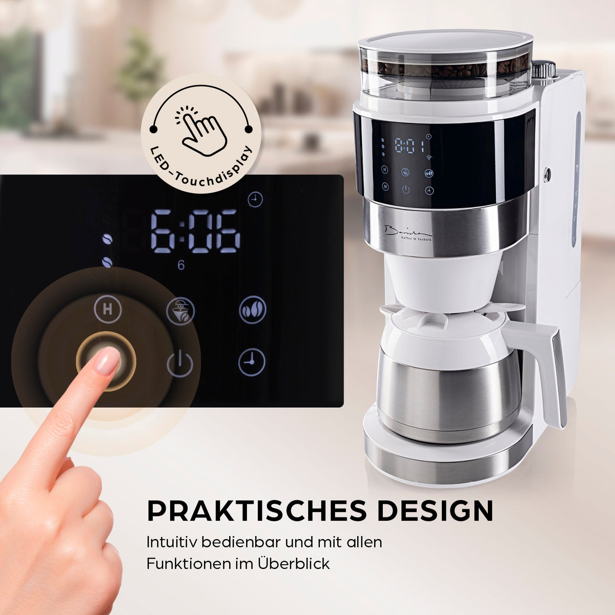 Filterkaffeemaschine Touch Iso mit Mahlwerk - Weiß mit integriertem Mahlwerk, LED-Touchdisplay und Timerfunktion für frischen Kaffee.
