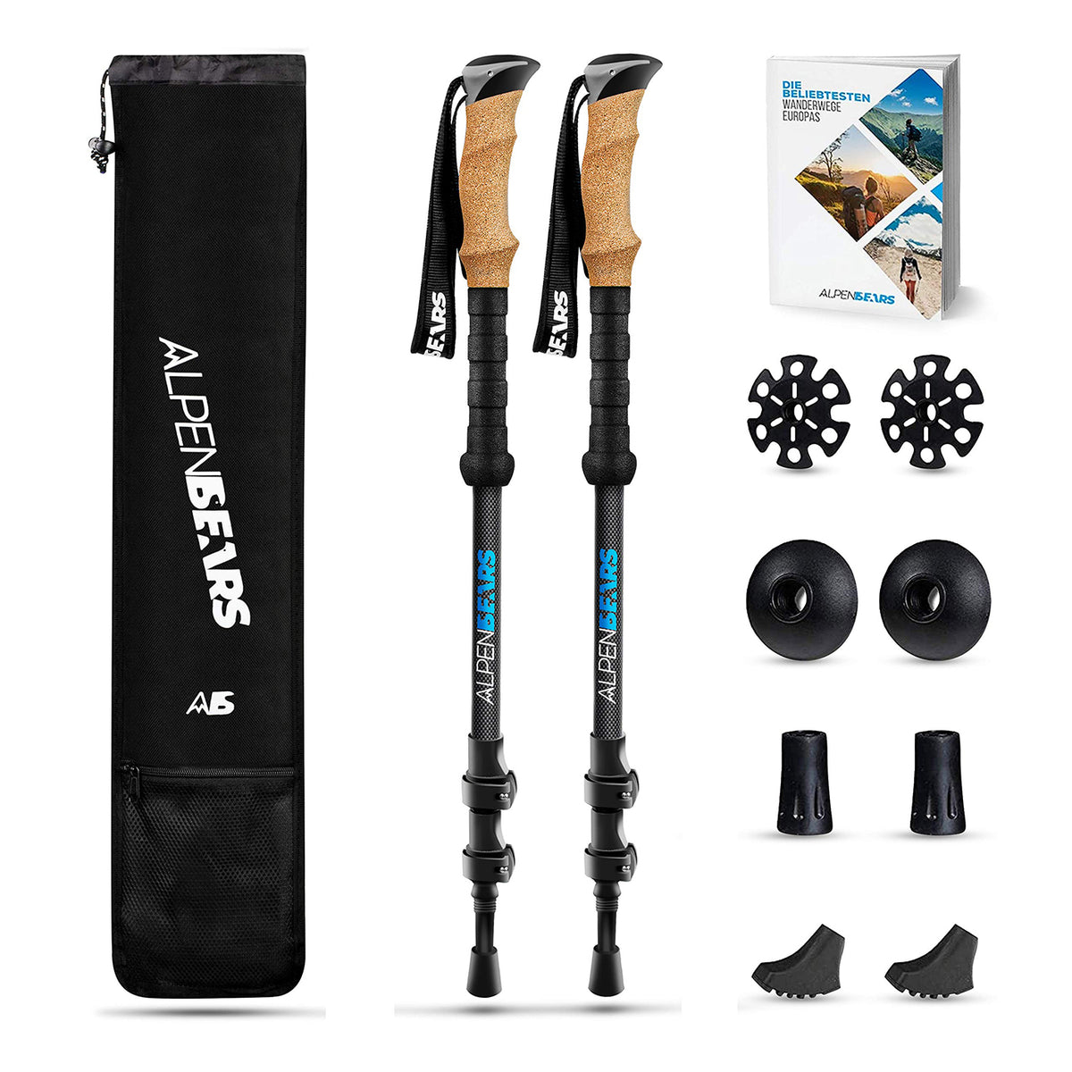 Teleskop Wanderstöcke mit Gummipuffer Set - Carbon, verstellbar, leicht, mit Korkgriffen und verschiedenen Aufsätzen für jedes Gelände.