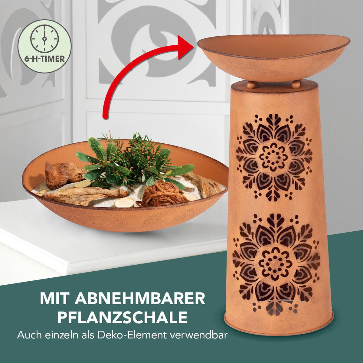 LED-Dekosäule mit Pflanzschale - Rost-Optik Mandala mit abnehmbarer Pflanzschale und Mandala-Muster für Innen und Außen.