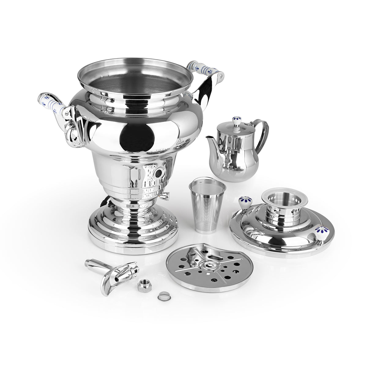 ROYAL+ Samowar - 15 L elektrischer Edelstahl-Samowar mit Teekanne, Dispenser und Abtropfschale für Tee und Wasser.