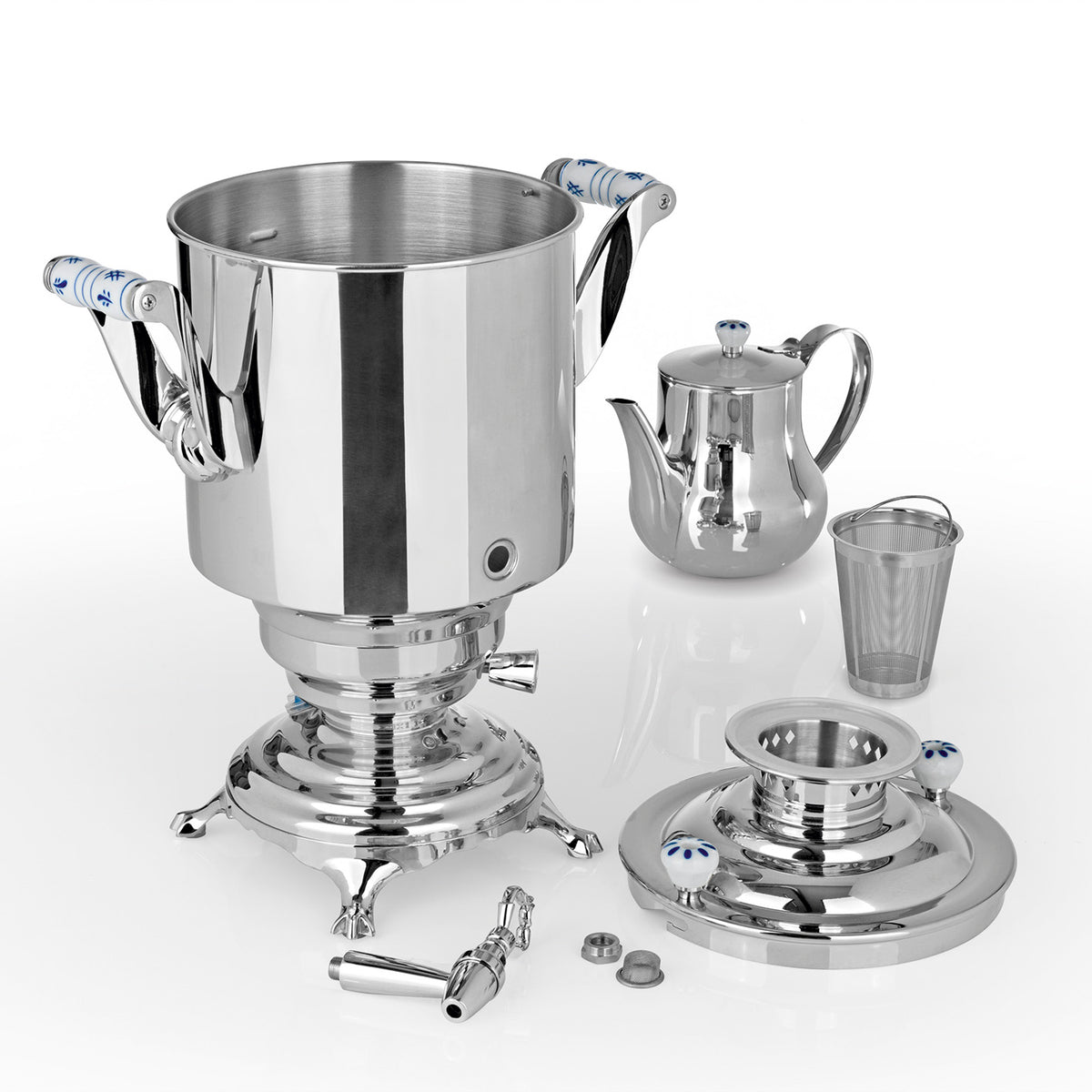 Romanov 1007 III Samowar - 5 Liter - Edelstahl komplett mit Teekanne, Sieb und Heizspiralen für professionelle Teezubereitung.