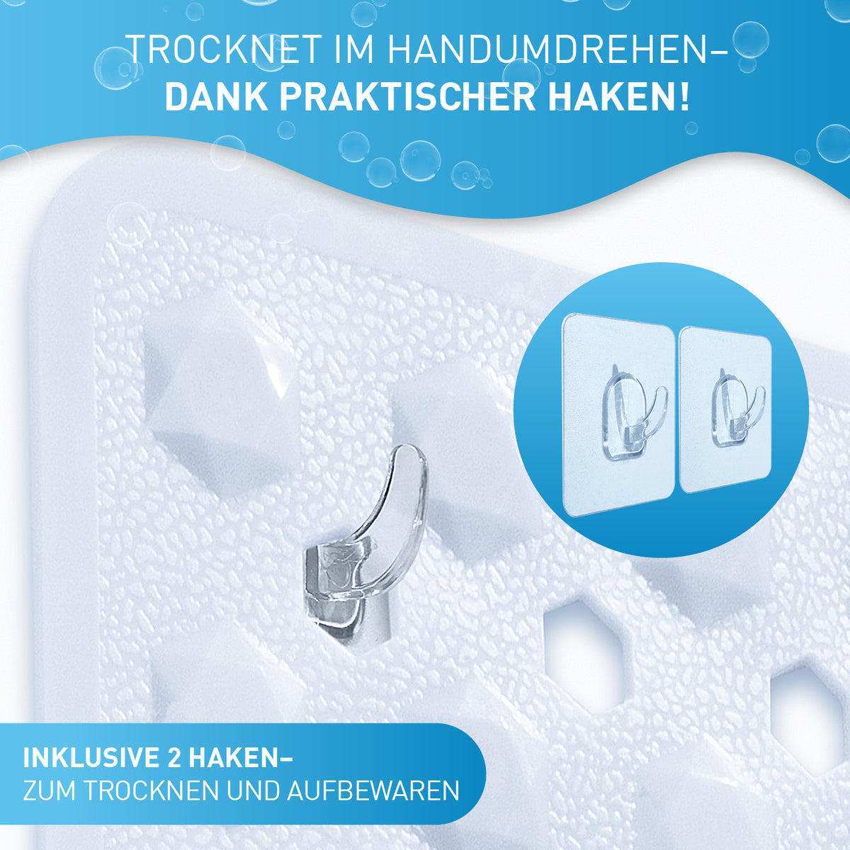 Badewannenmatte 88 x 40 cm – Weiß mit praktischen Haken zum einfachen Trocknen und sicheren Aufbewahren.