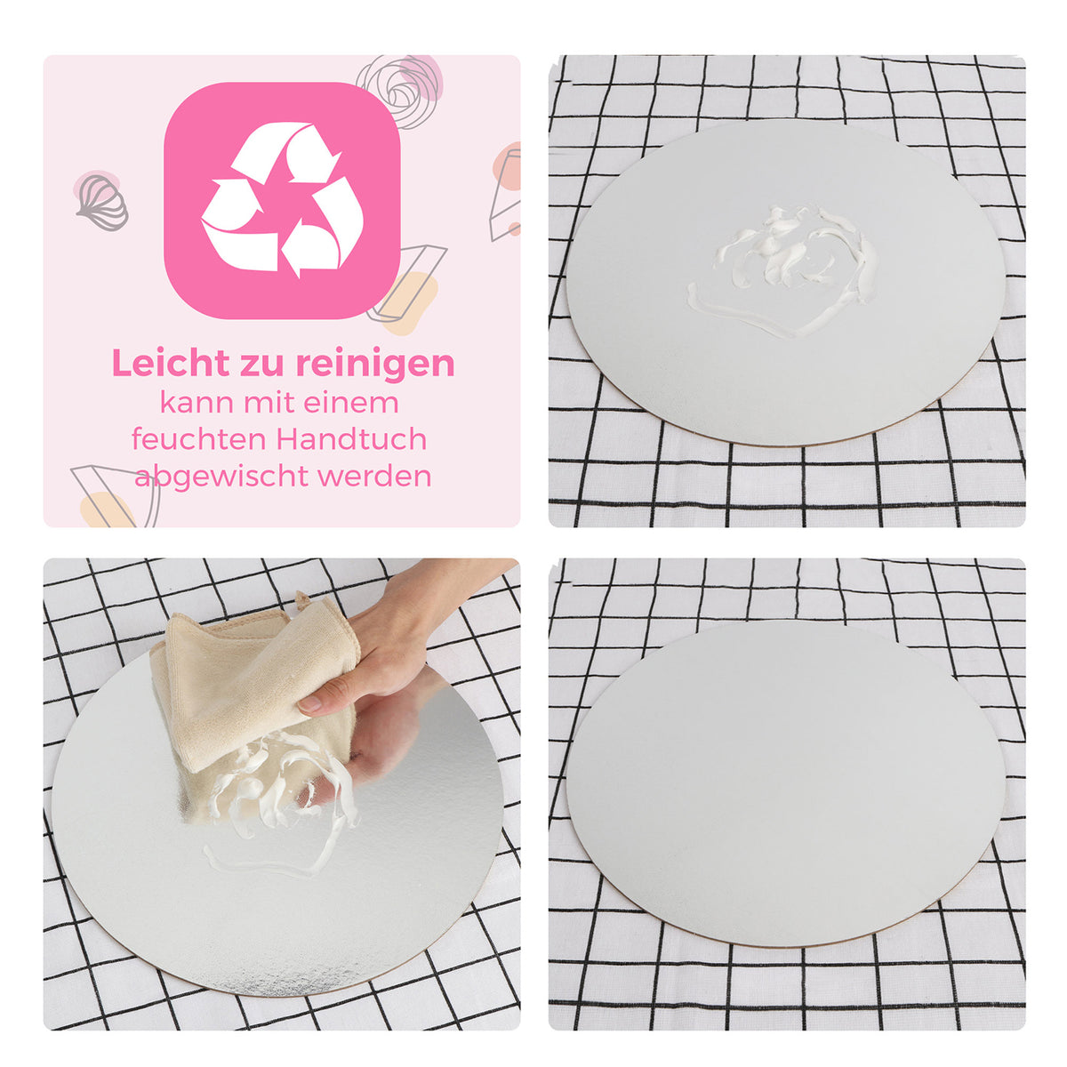 Premium Tortenunterlagen 4er-Set - Gold & Siber, leicht zu reinigen dank glatter, feucht abwischbarer Oberfläche.