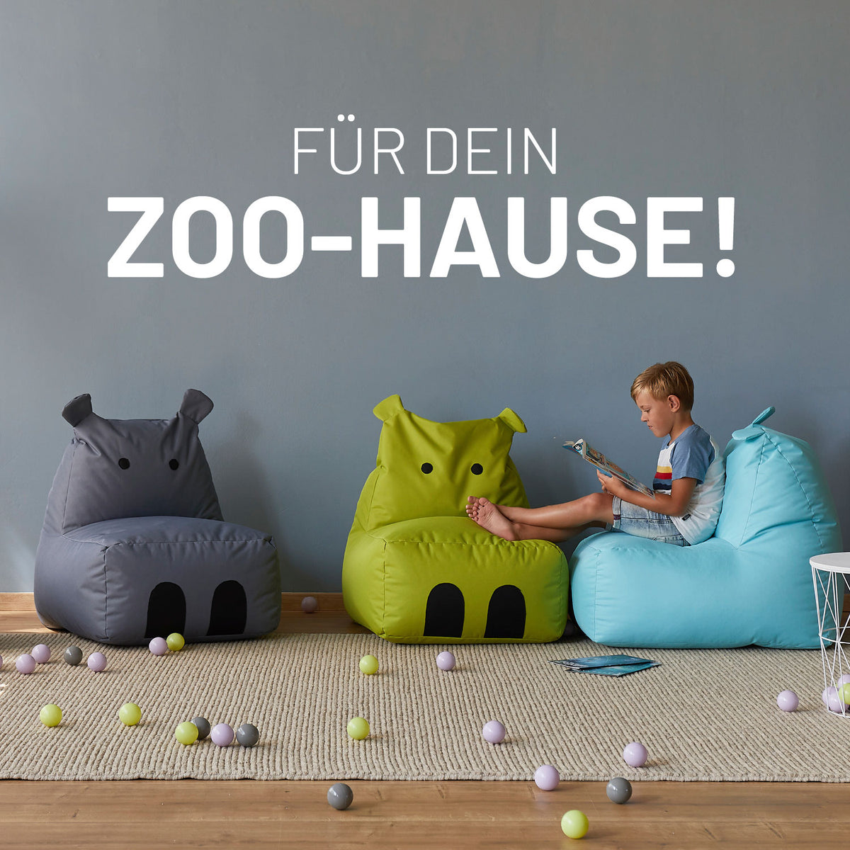 Kindersitzsack Animal Line Hippo (200 L) Türkis, wasserabweisend, kuschelig, robust für Indoor & Outdoor, ideal als Sitz- und Lieblingsplatz.