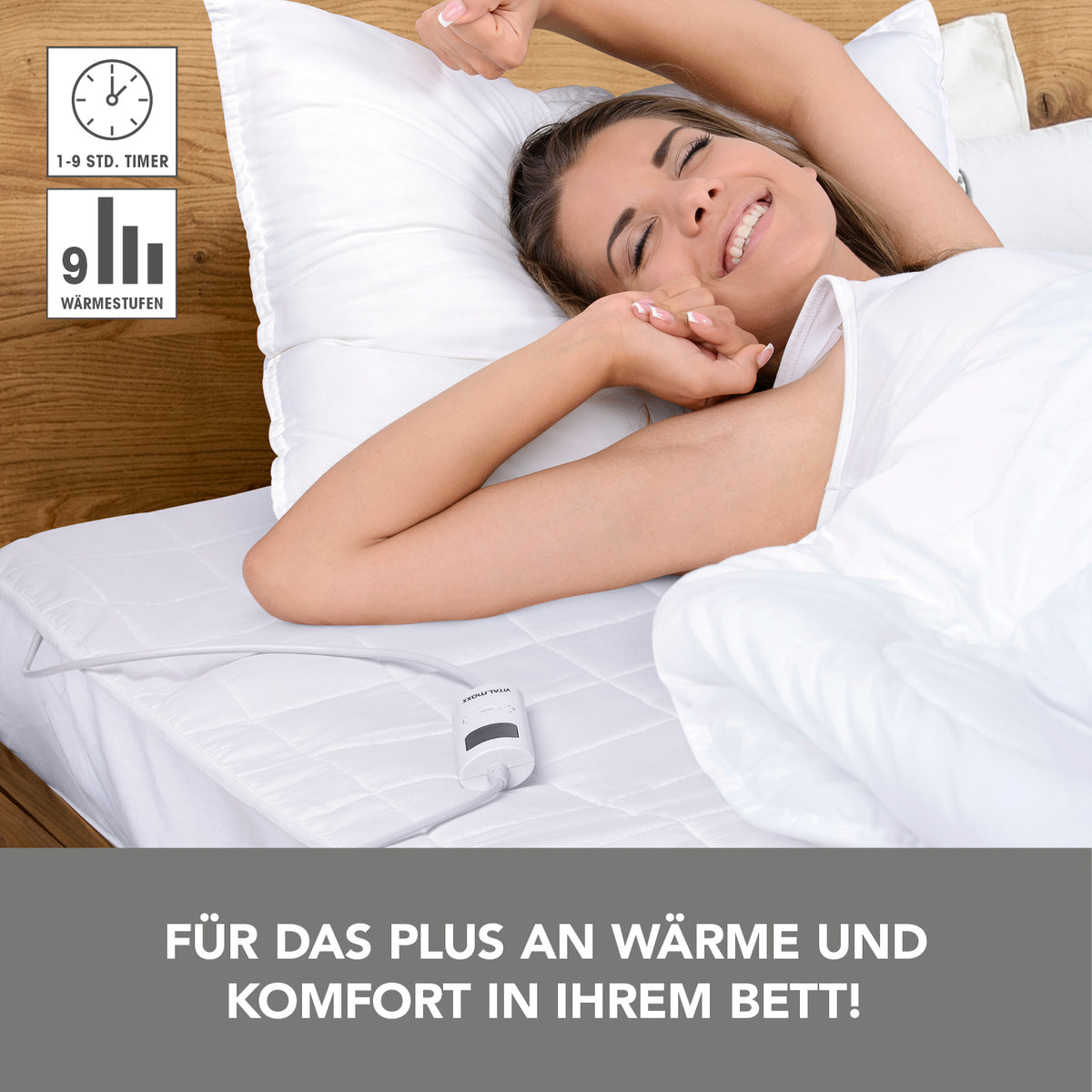 Wärmeunterbett - 9 Wärmestufen - 200x95x30cm - weiß mit Timer und Gummizug für rutschfreien Halt auf dem Einzelbett.