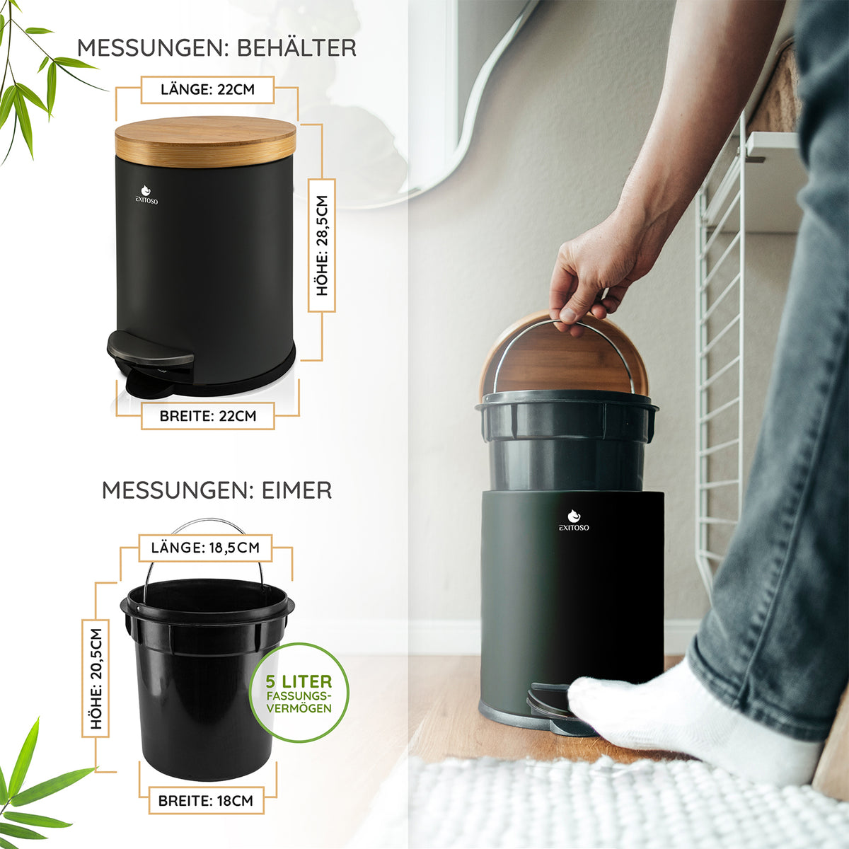 Tretmülleimer mit Softclose-Deckel - 5 l - Schwarz, matt pulverbeschichtet, mit Bambusdeckel und Inneneimer zum leichten Entleeren.