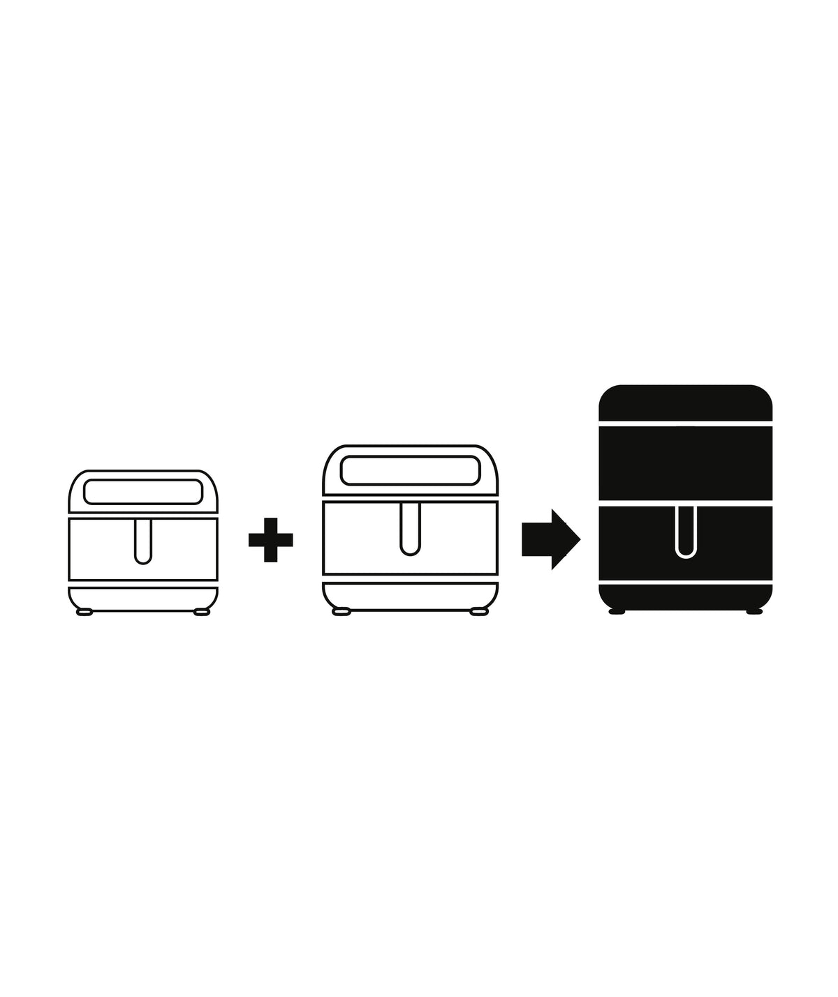 Illustration der zusammengesetzten Funktion der Vertikale Doppelkammer-Heißluftfritteuse MultiSize - 10 L für mehr Garraum.