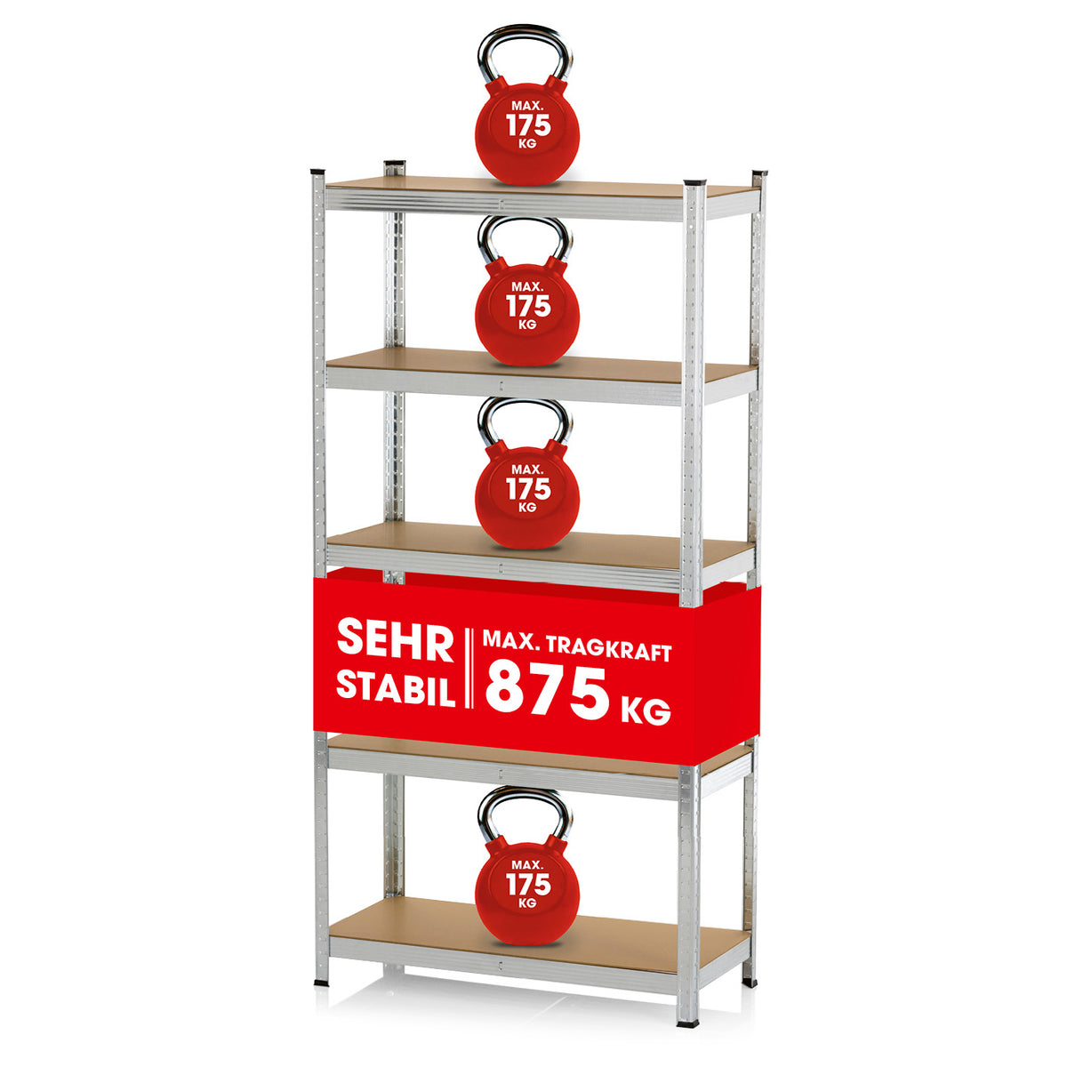 Schwerlastregal & Werkbank 180x90x40 cm mit 5 Ebenen und 875 kg Traglast, MDF-Platten je 175 kg, robust und vielseitig.