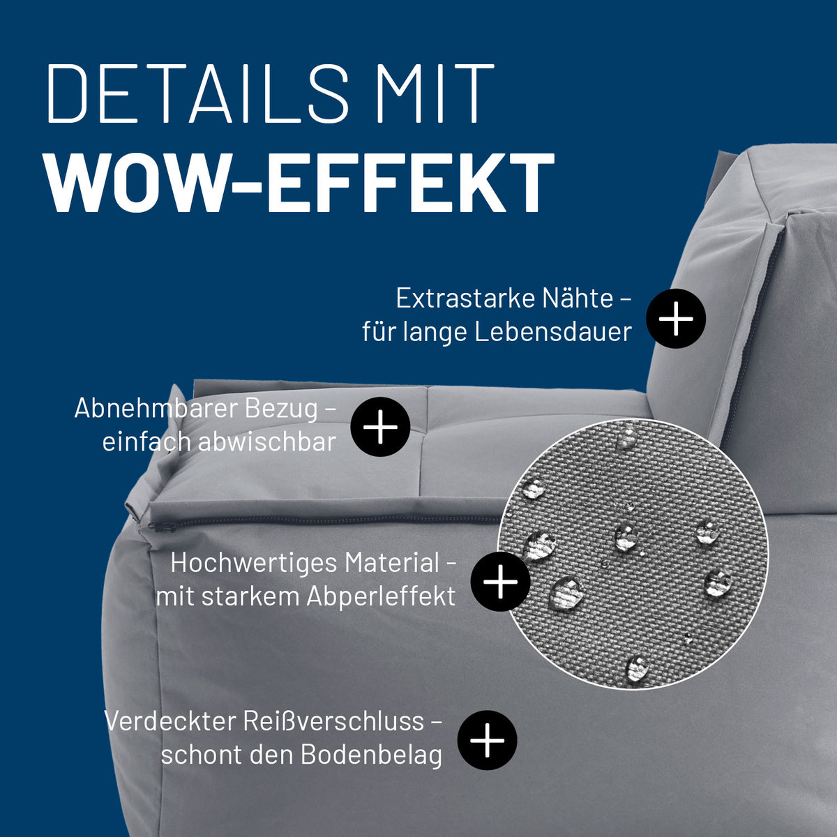 Sitzsack-Sofa Mittelstück (200 L) Grau mit abnehmbarem Bezug, abperleffekt, verdecktem Reißverschluss und extrastarken Nähten.