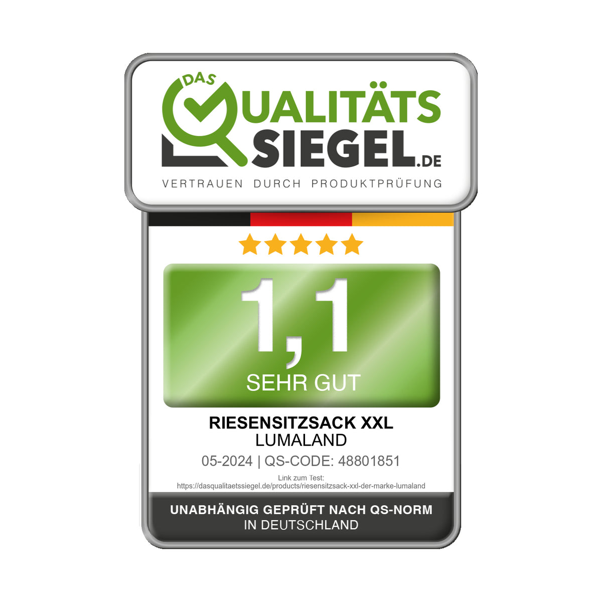Qualitätssiegel für Sitzsack GIANT aus der Cord-Reihe - Weinrot mit sehr guter Bewertung 1,1, geprüft nach deutscher QS-Norm.