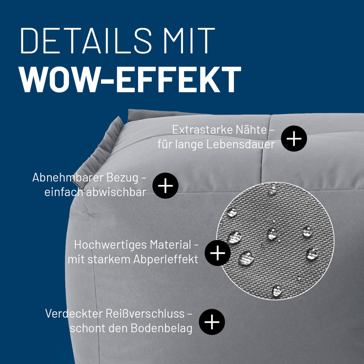 Sitzsack-Hocker (200 L) mit abnehmbaren Bezug, extrastarken Nähten, wasserabweisendem Material und verdecktem Reißverschluss, grau, indoor & outdoor.