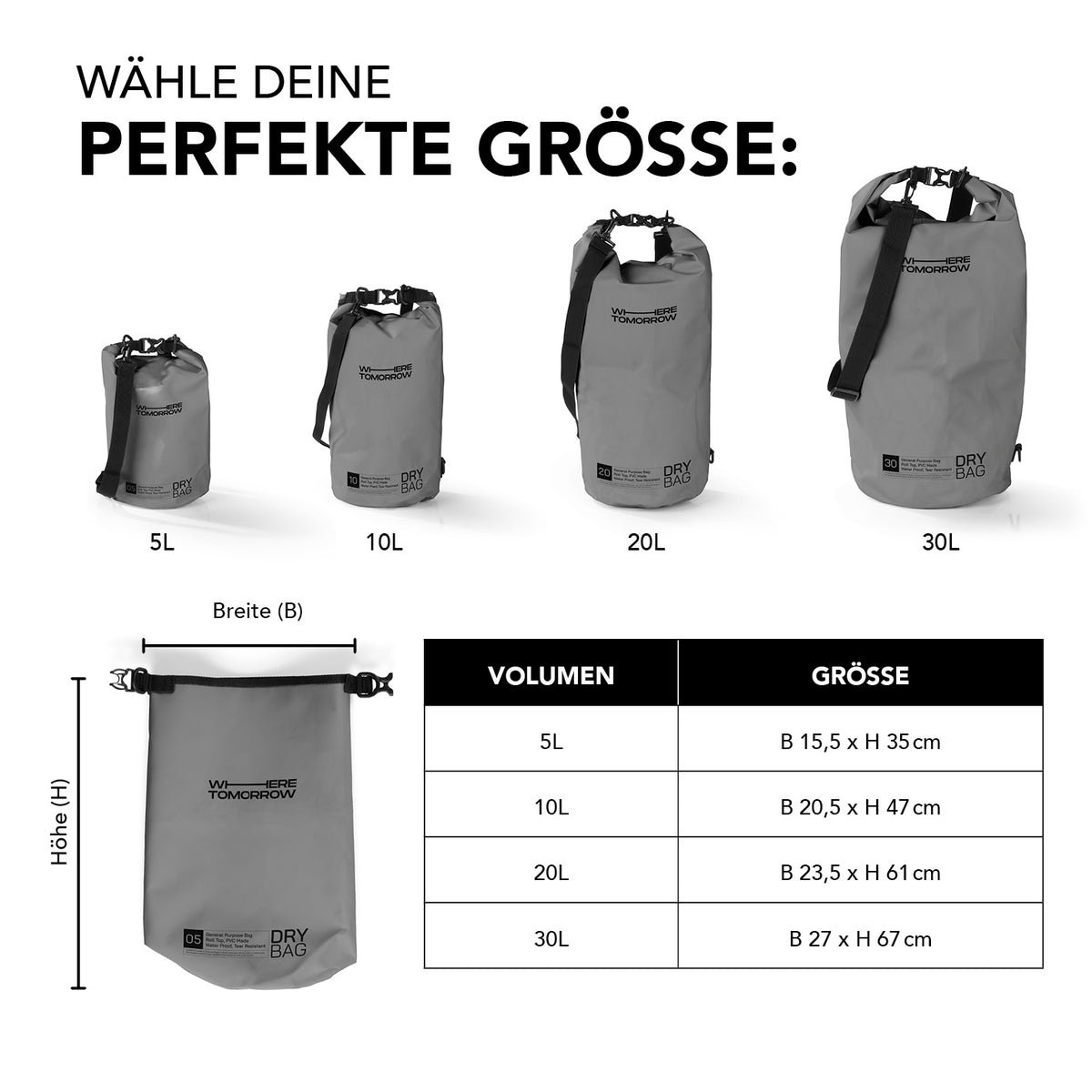 Dry Bag 5L - Style 01 - Grau wasserfester, robuster Outdoor-Rucksack mit Rolltop-Verschluss und verstellbarem Schultergurt.