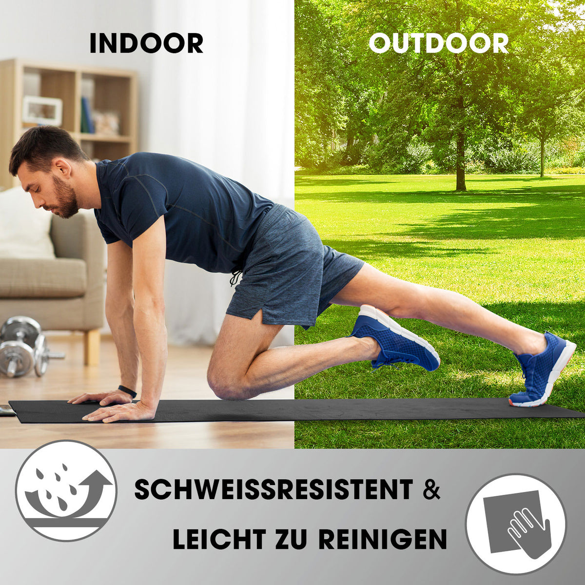 Fitness- und Gymnastikmatte - 183 x 61 x 2 cm - Schwarz, rutschfest, robust, indoor & outdoor einsetzbar, leicht zu reinigen.