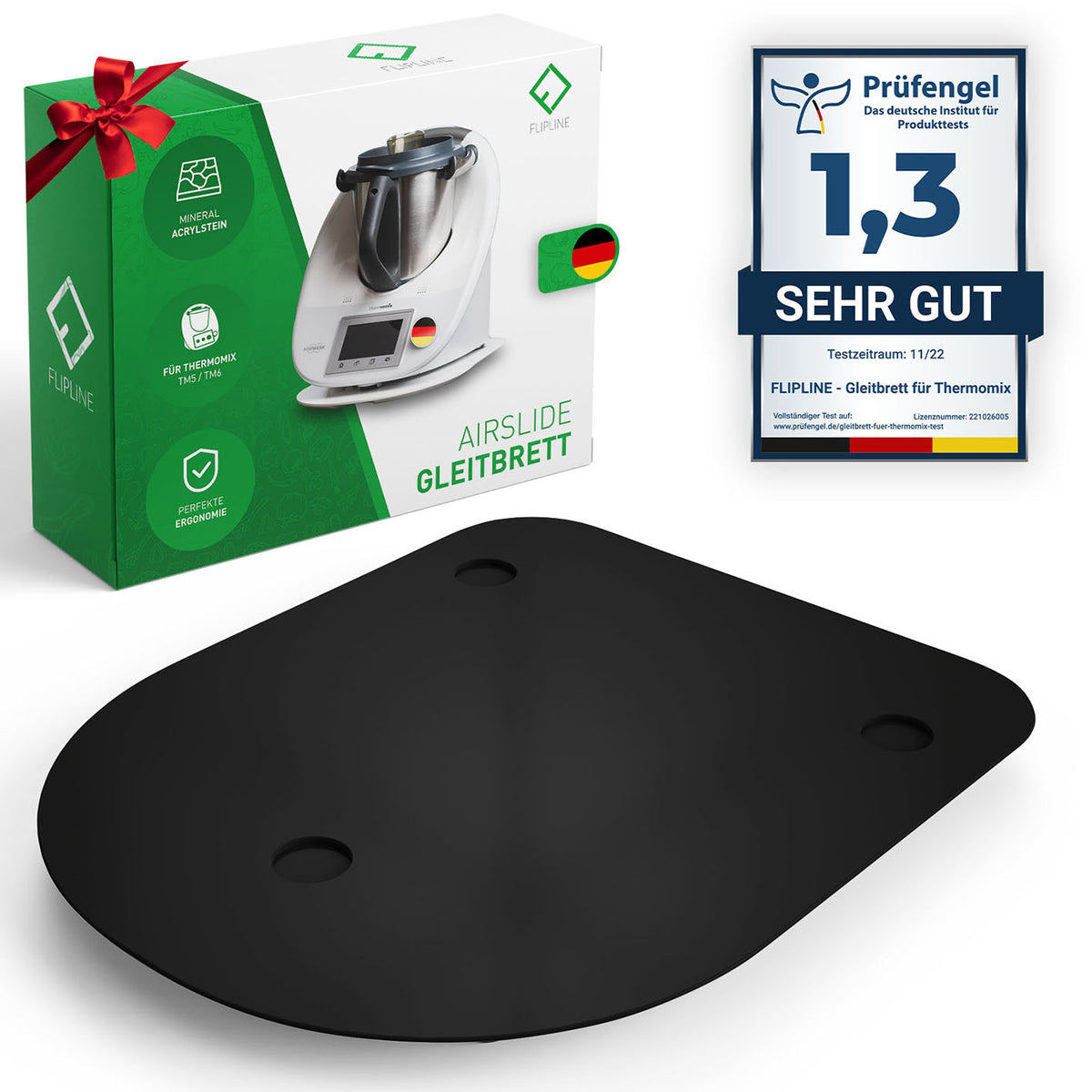 Gleitbrett für Thermomix - Schwarz aus robustem Mineral-Acrylstein mit Teflon-Gleitern und ergonomischen Griffmulden.