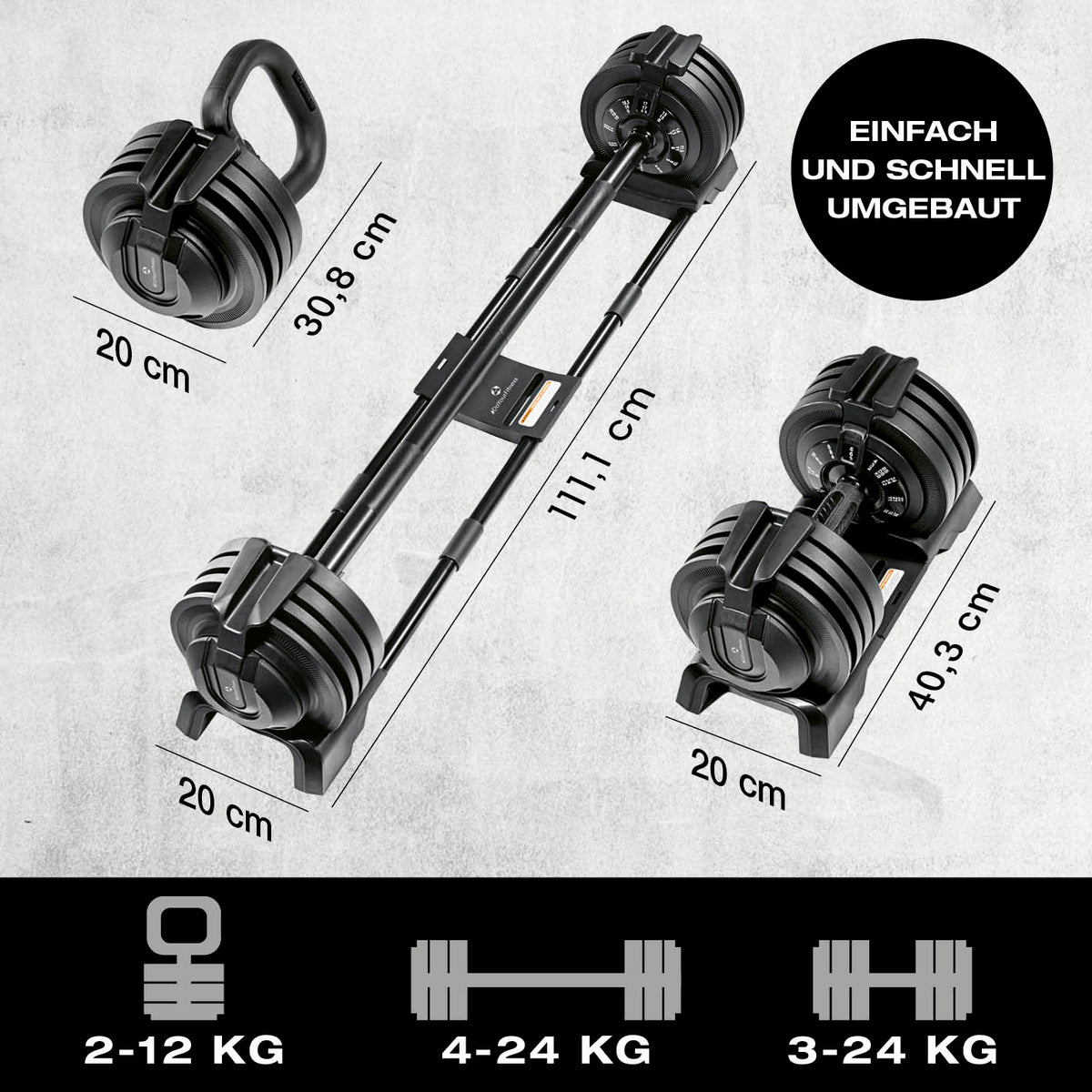Multifunktionshantel von FitEngine, 3-in-1 verstellbar von 3 bis 24 kg, platzsparend und stabil für vielseitiges Home-Workout.