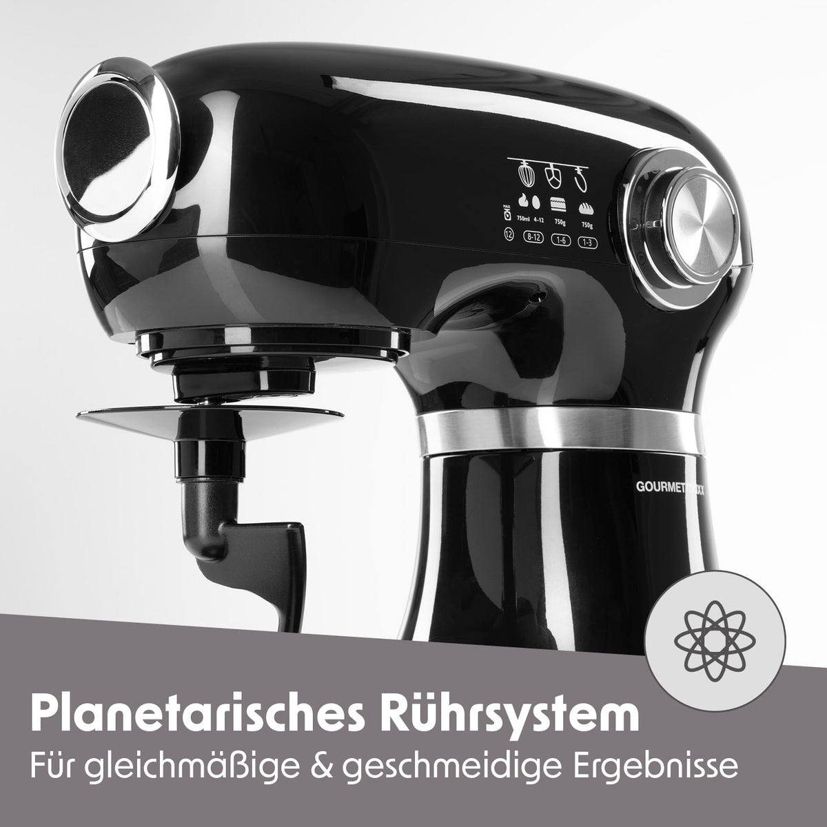 Küchenmaschine mit leistungsstarkem 1000 W Kupfermotorkopf und planetarischem Rührsystem für optimale Mix- und Rührergebnisse.