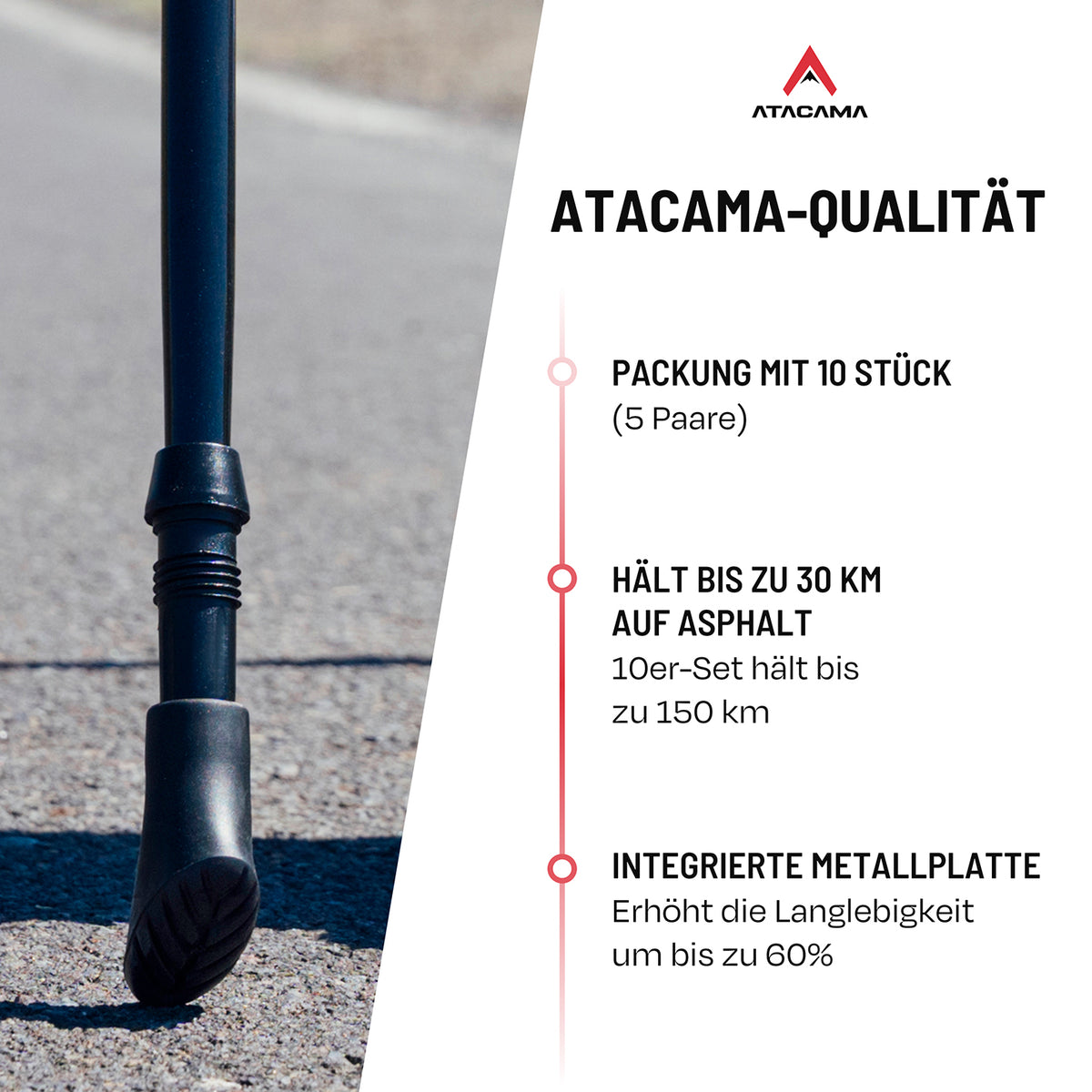 Nordic Walking Gummipuffer - 10er-Set, langlebige Ersatzspitzen mit Metallplatte, für sicheren Halt und optimalen Schutz auf Asphalt.
