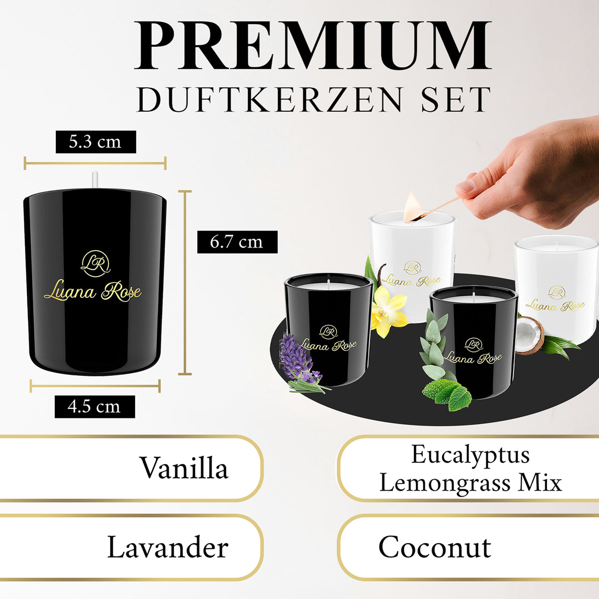 Duftkerzen Geschenkset - 4er-Set mit Lavendel, Eucalyptus Lemongras, Vanille & Kokosnuss, 100% Sojawachs, 40 Std. Brenndauer.
