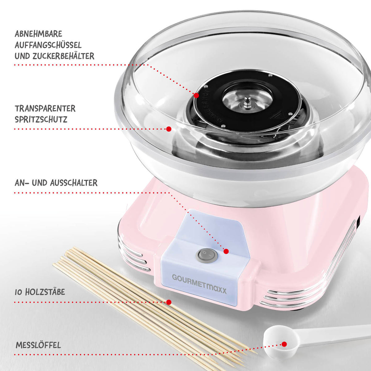Zuckerwatte-Maschine - rosa mit abnehmbarer Auffangschüssel, transparentem Spritzschutz, Holstäben und Messlöffel im Retro-Design