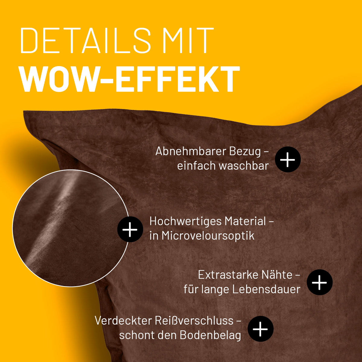 XXL Microvelours Sitzsack (380 L) Braun mit abnehmbarem Bezug, hochwertigem Material, extrastarken Nähten und verdecktem Reißverschluss.