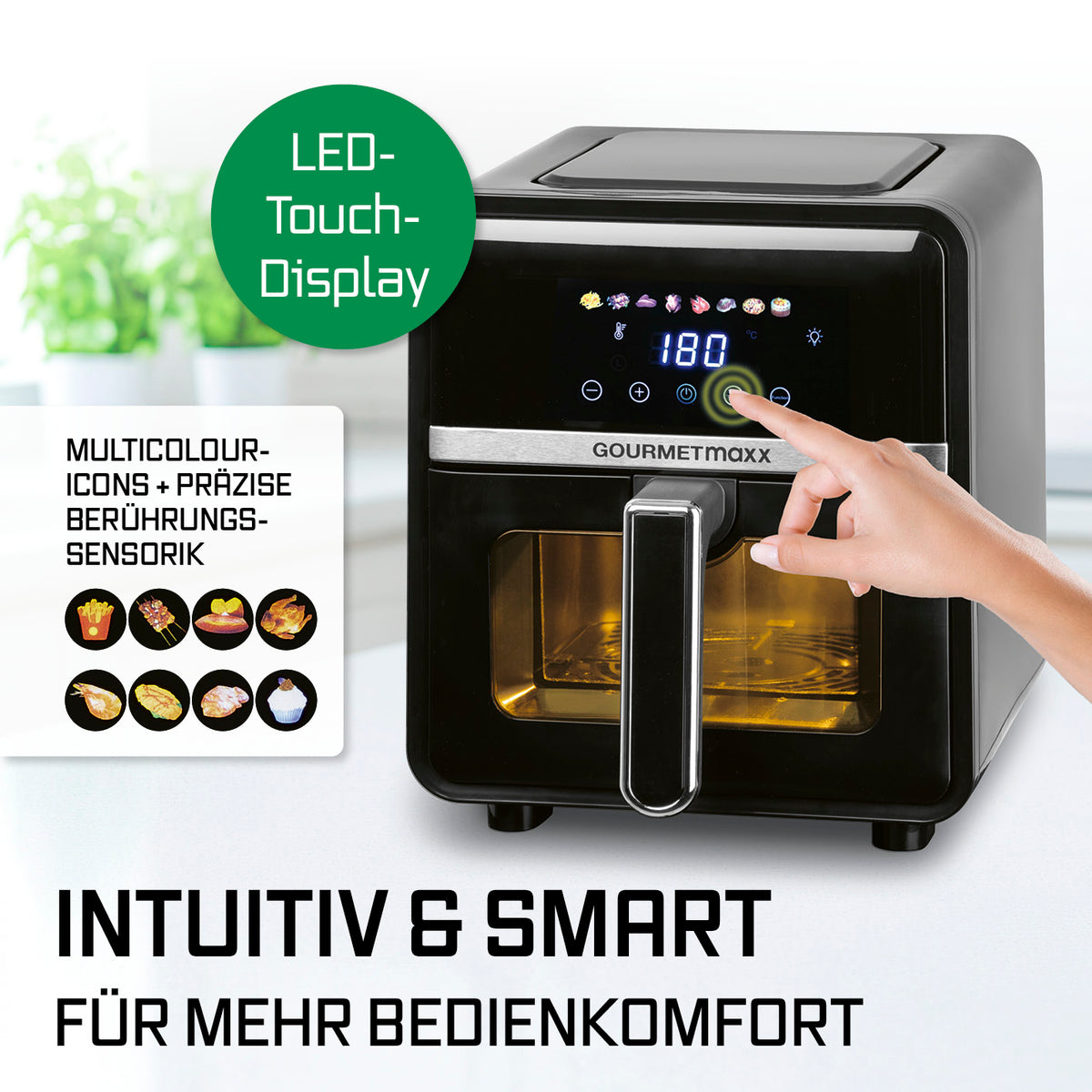 Heißluftfritteuse - 5 Liter mit Multi-Color LED-Touchdisplay und intuitiver Steuerung für fettarmes Frittieren und vielseitige Programme.
