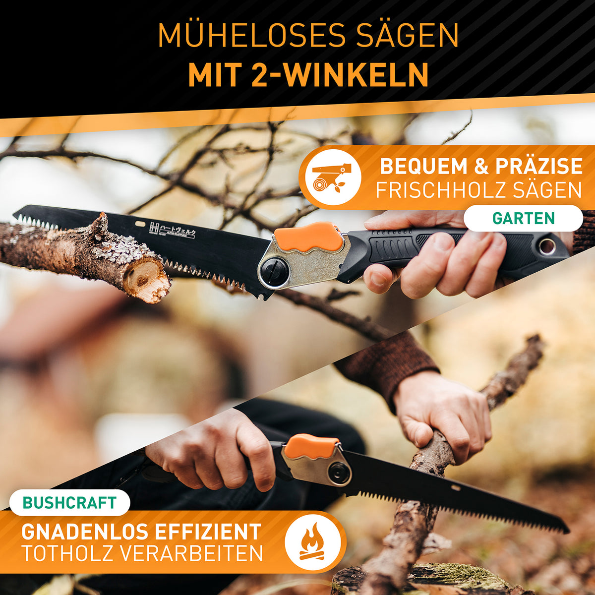 Klappbare Handsäge aus Karbonstahl - 21 cm zum präzisen und effizienten Sägen von Frisch- und Totholz im Garten und Bushcraft.