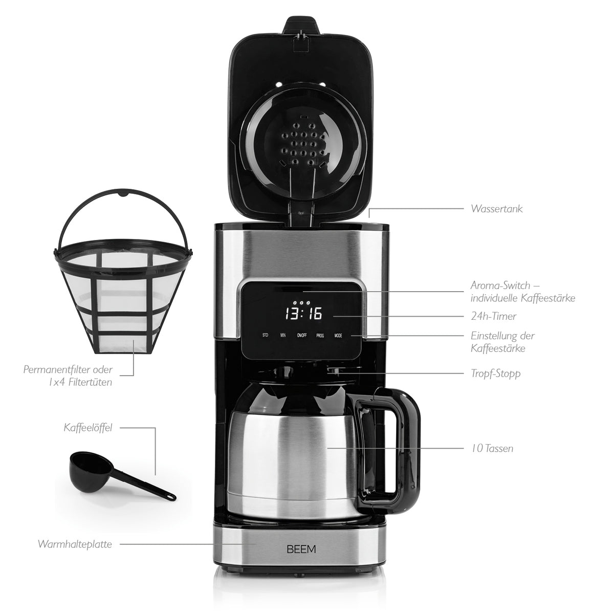 FRESH-AROMA-TOUCH Filterkaffeemaschine - Thermo mit Timer, Aromasteuerung, Thermoskanne und permanentem Filtereinsatz.