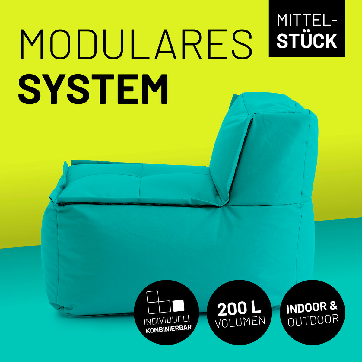 Sitzsack-Sofa Mittelstück (200 L) in Türkis, modulares System, indoor & outdoor, extrastark mit Mix-&-Fix-Reißverschluss.