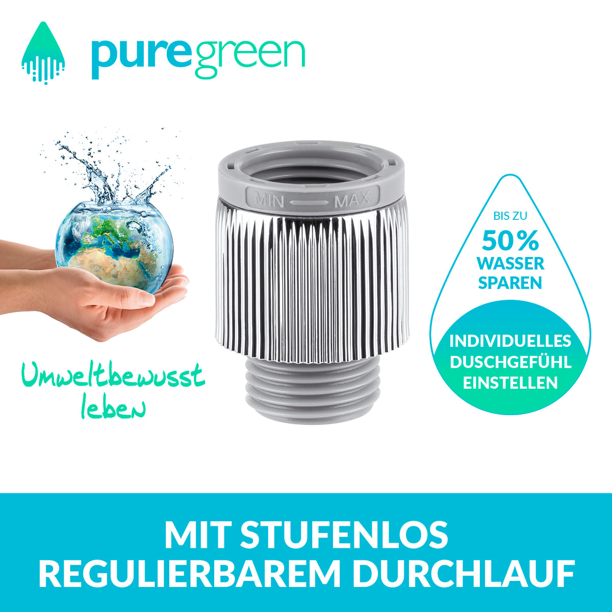 Einstellbarer Wassersparer für die Dusche - chromfarben - 2er-Set mit stufenlos regulierbarem Wasserdurchlauf und geriffelter Oberfläche.
