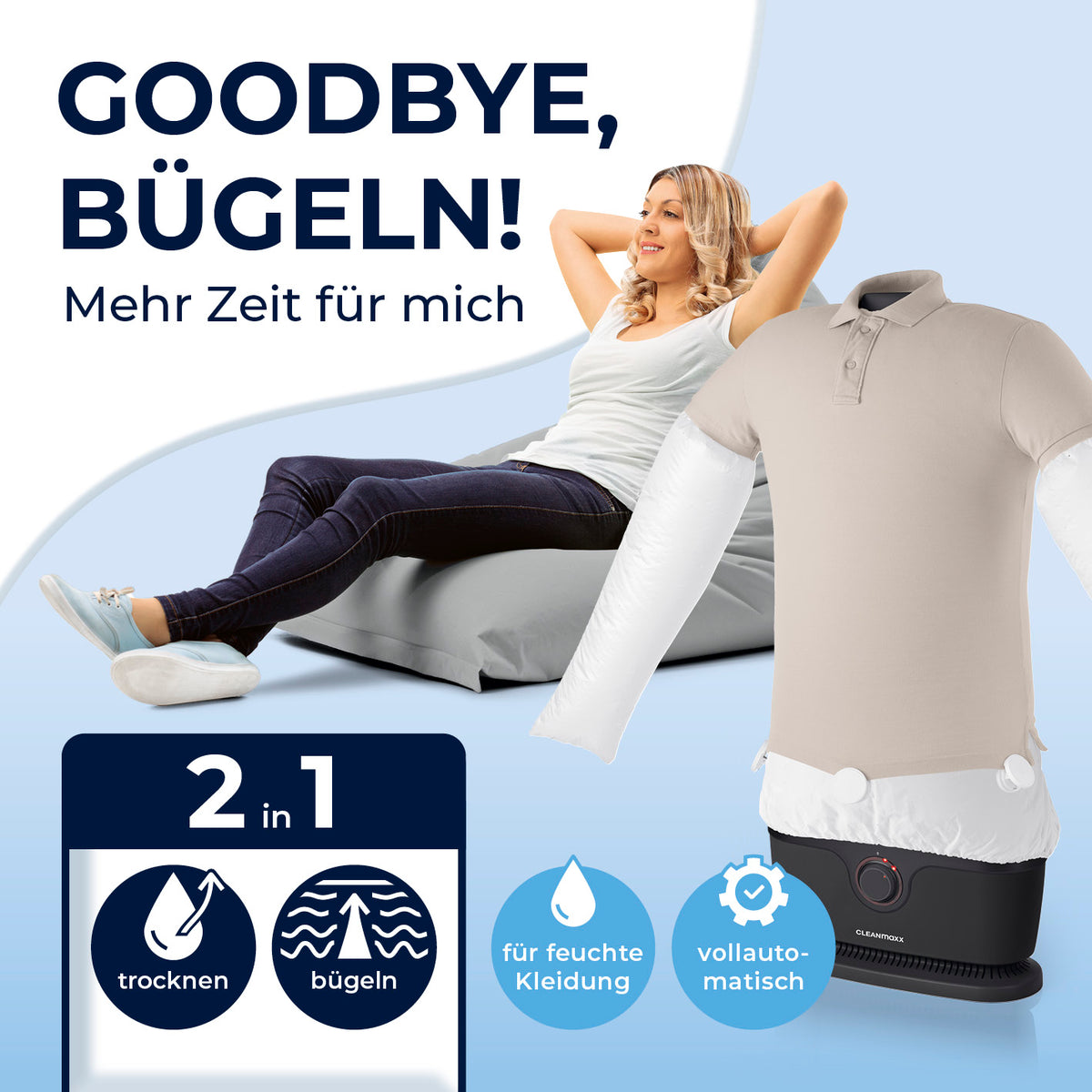 Hemdenbügler PRO mit Hosenaufsatz - Schwarz, vollautomatisch trocknet und bügelt feuchte Kleidung, spart Zeit und ersetzt Bügeleisen.