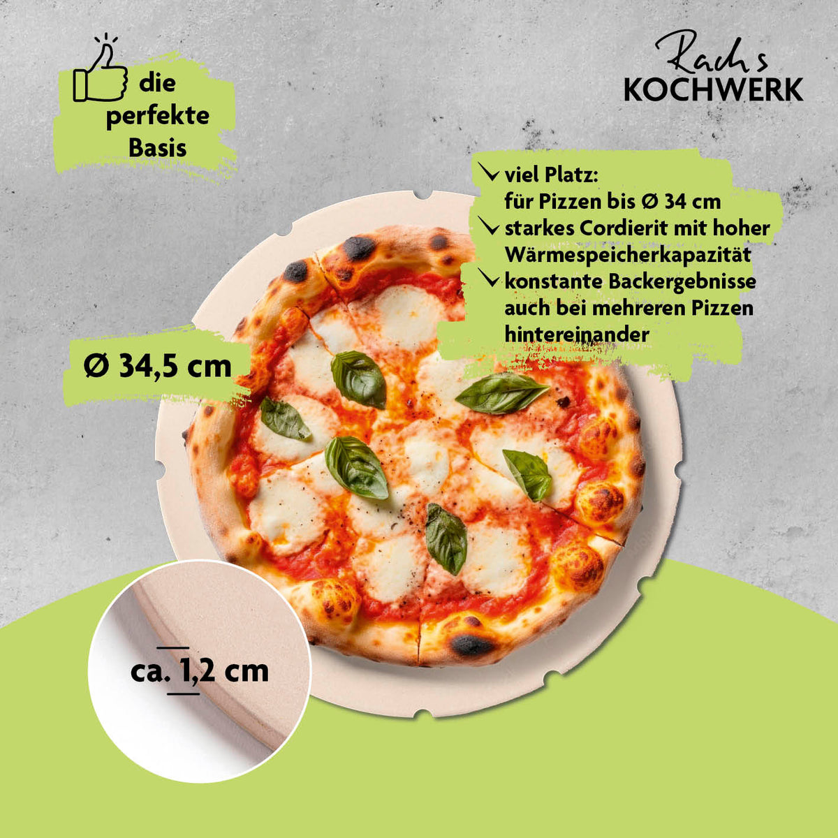 Gas-Pizzaofen für Pizzen bis zu Ø 34 cm mit starkem Cordierit-Pizzastein für knusprigen Teig und gleichmäßige Backergebnisse.